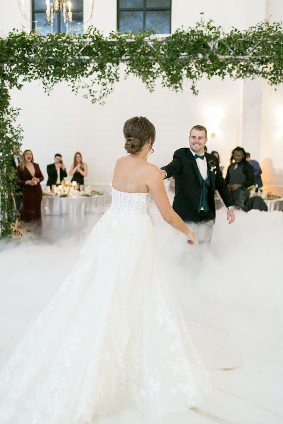 bride and groom first dance fog machine