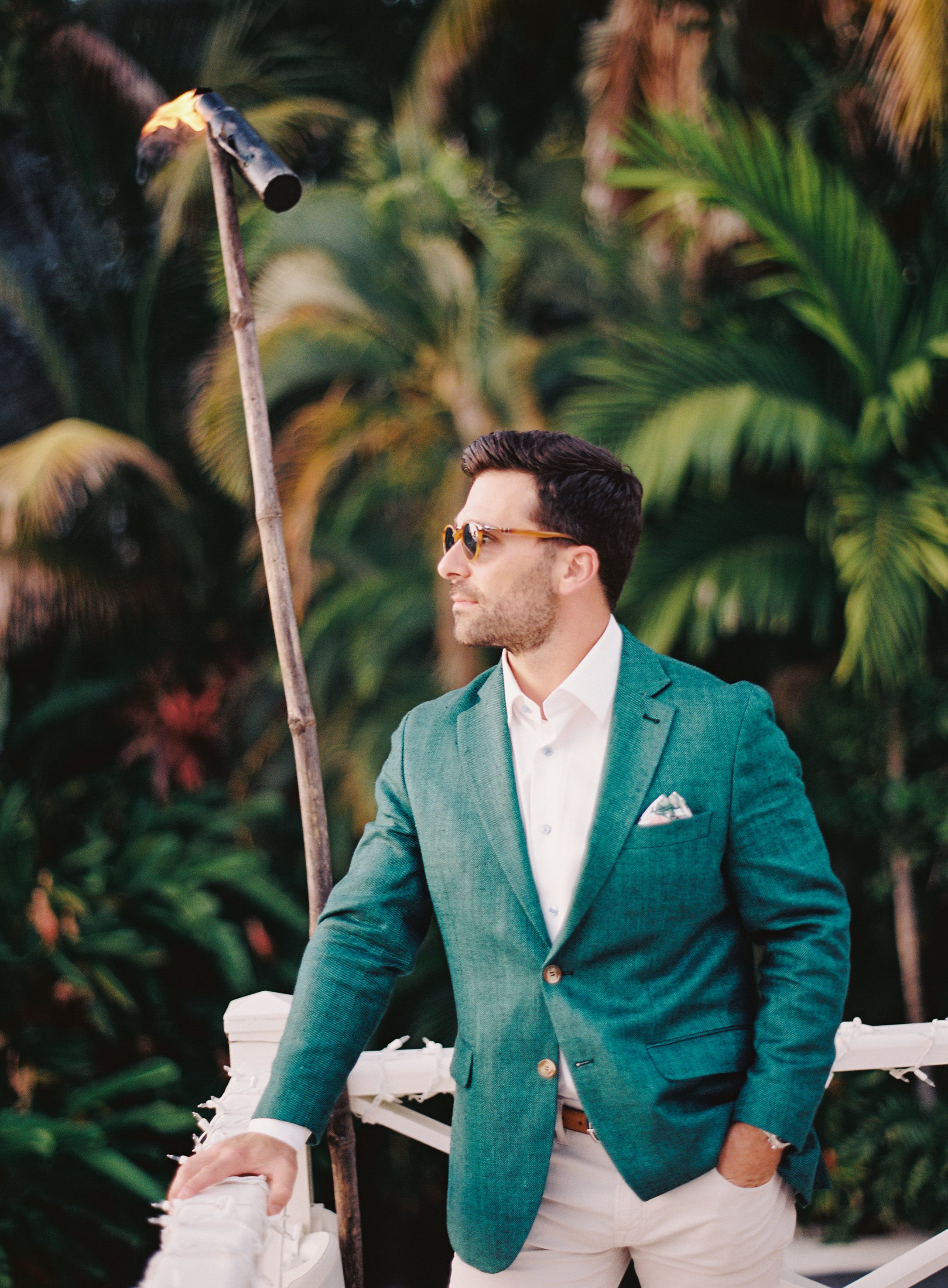 tropical wedding rehearsal dinner groom outfit