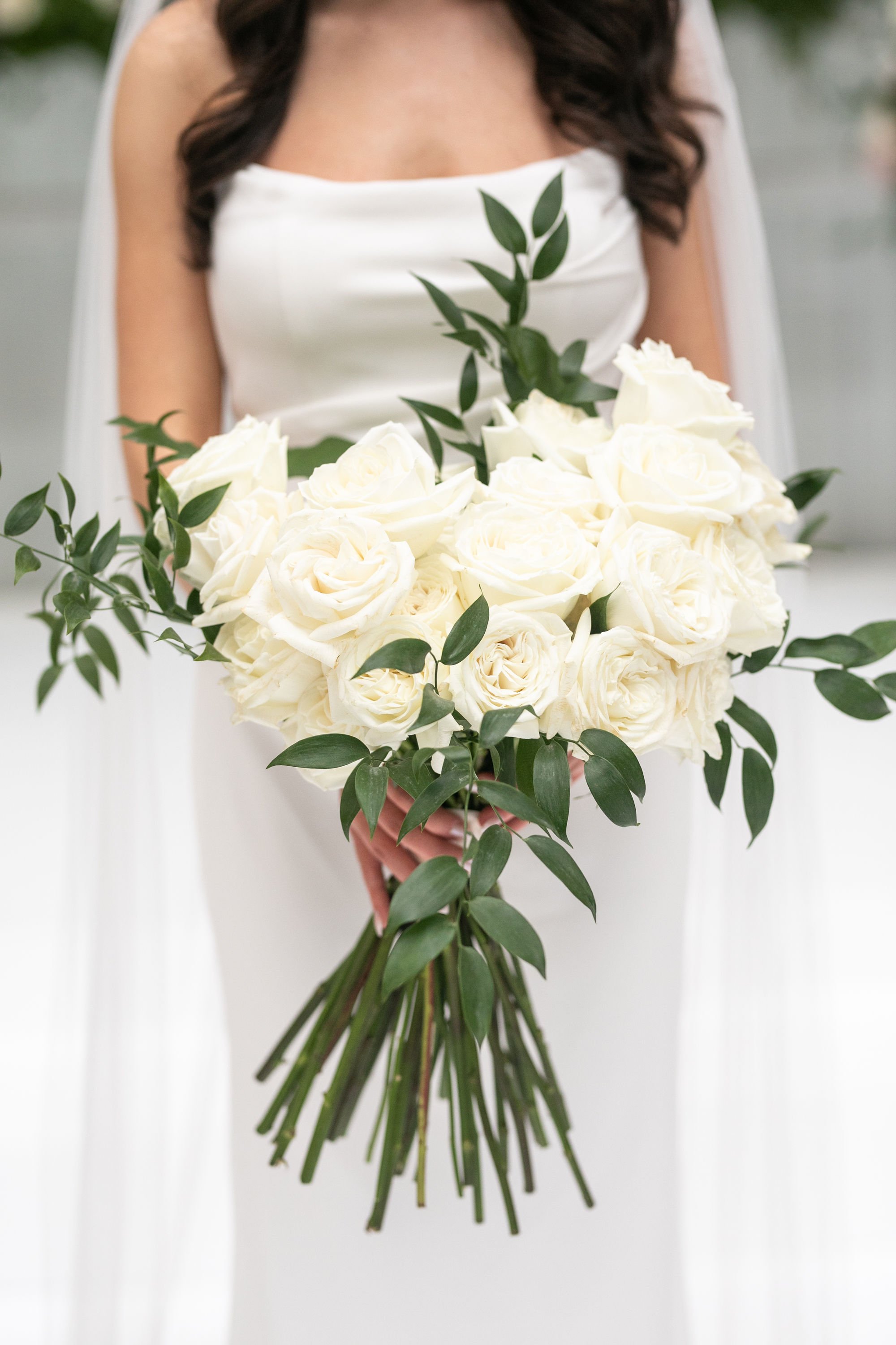 modern neutral wedding bridal bouquet long stem roses