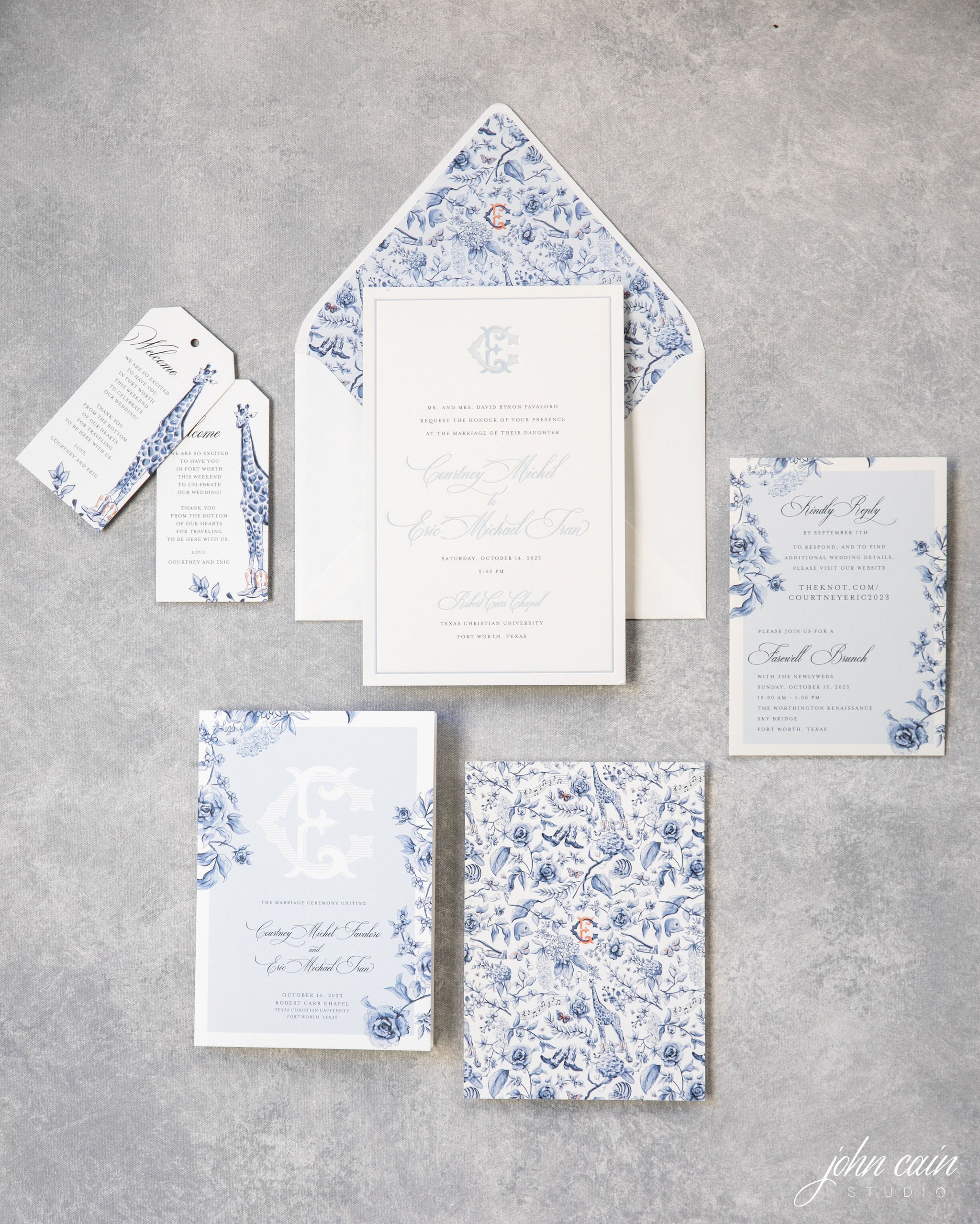 custom toille blue and orange wedding invitations