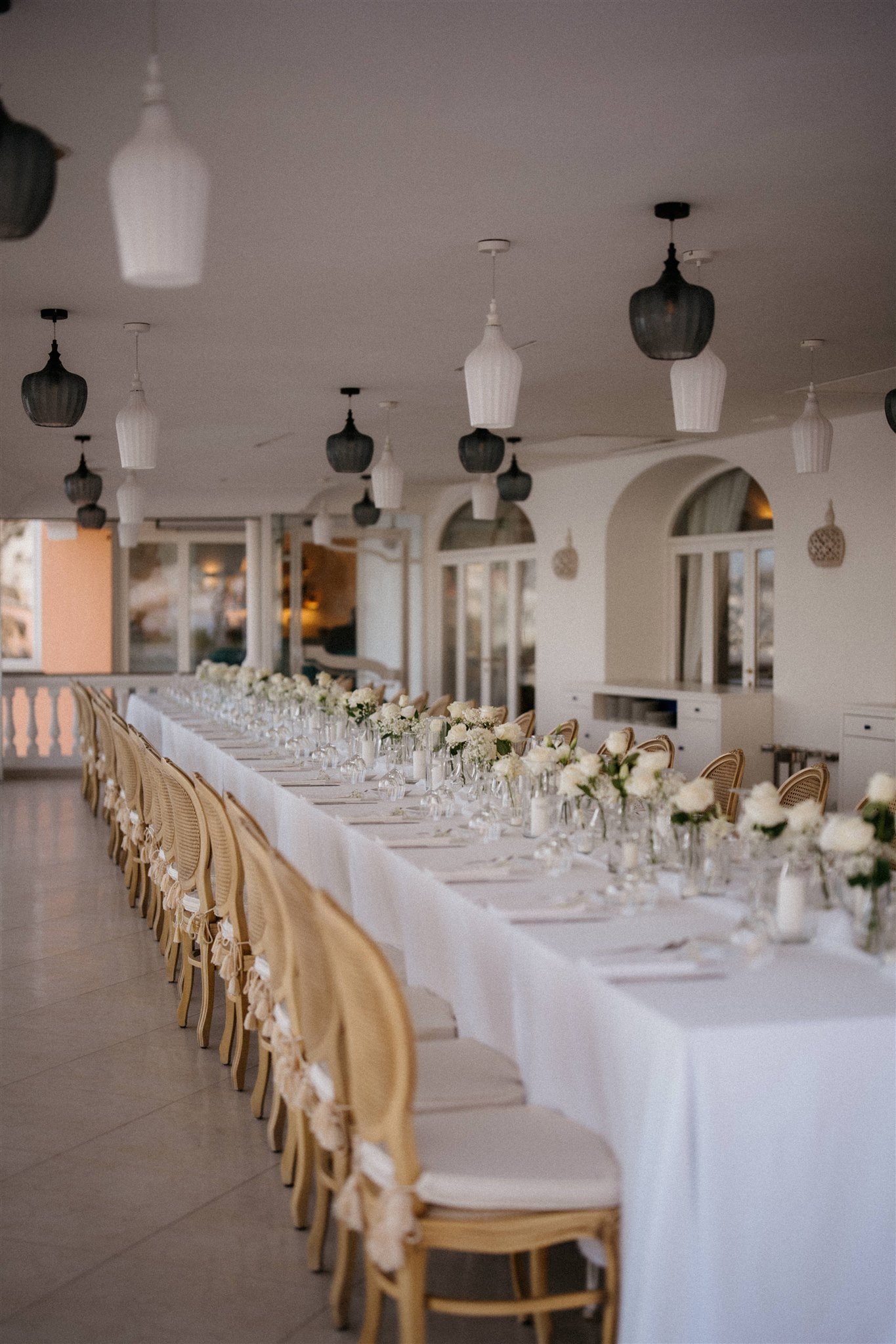 all white positano wedding reception