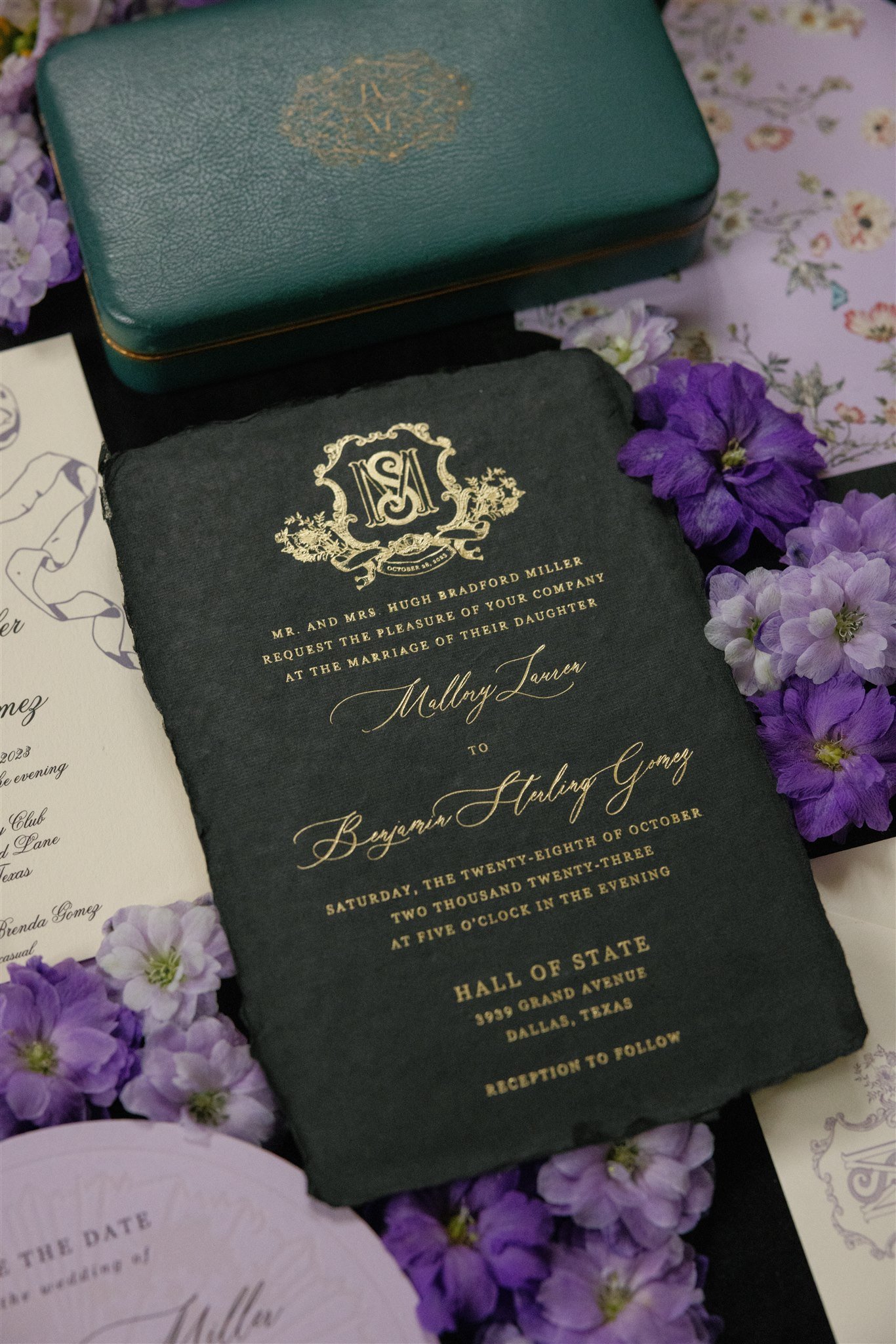 gold foil black wedding invitations