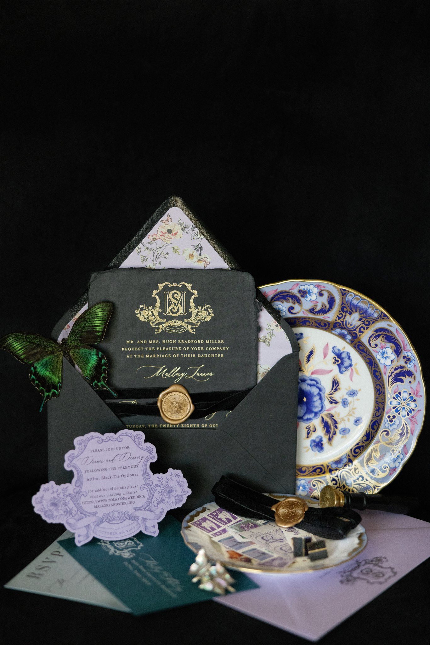 gold and purple wedding invitation design 