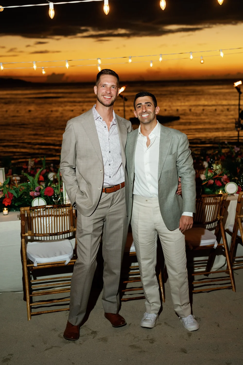 tropical rehearsal dinner linen suit