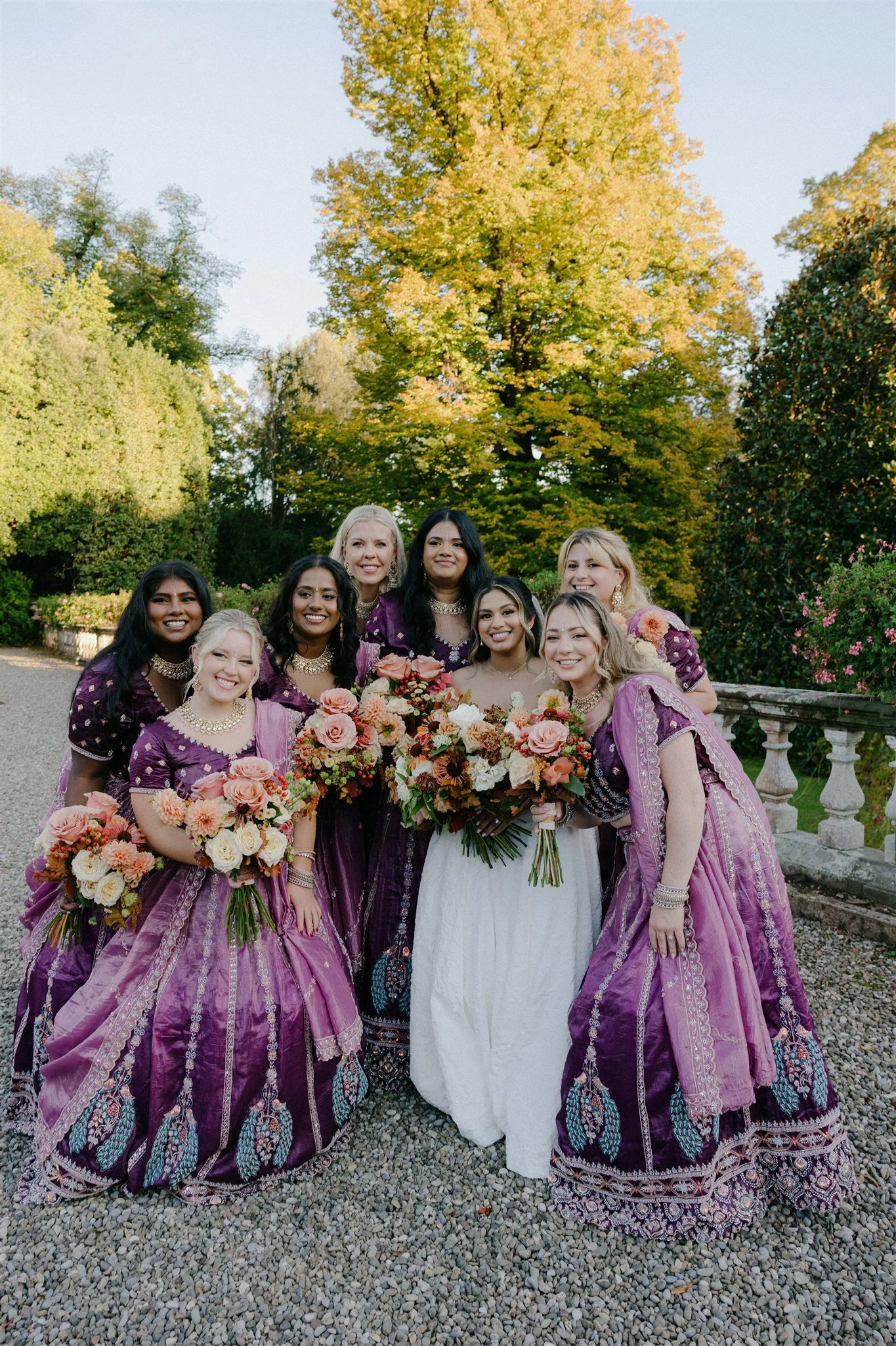 fall wedding party purple bridesmaids dresses