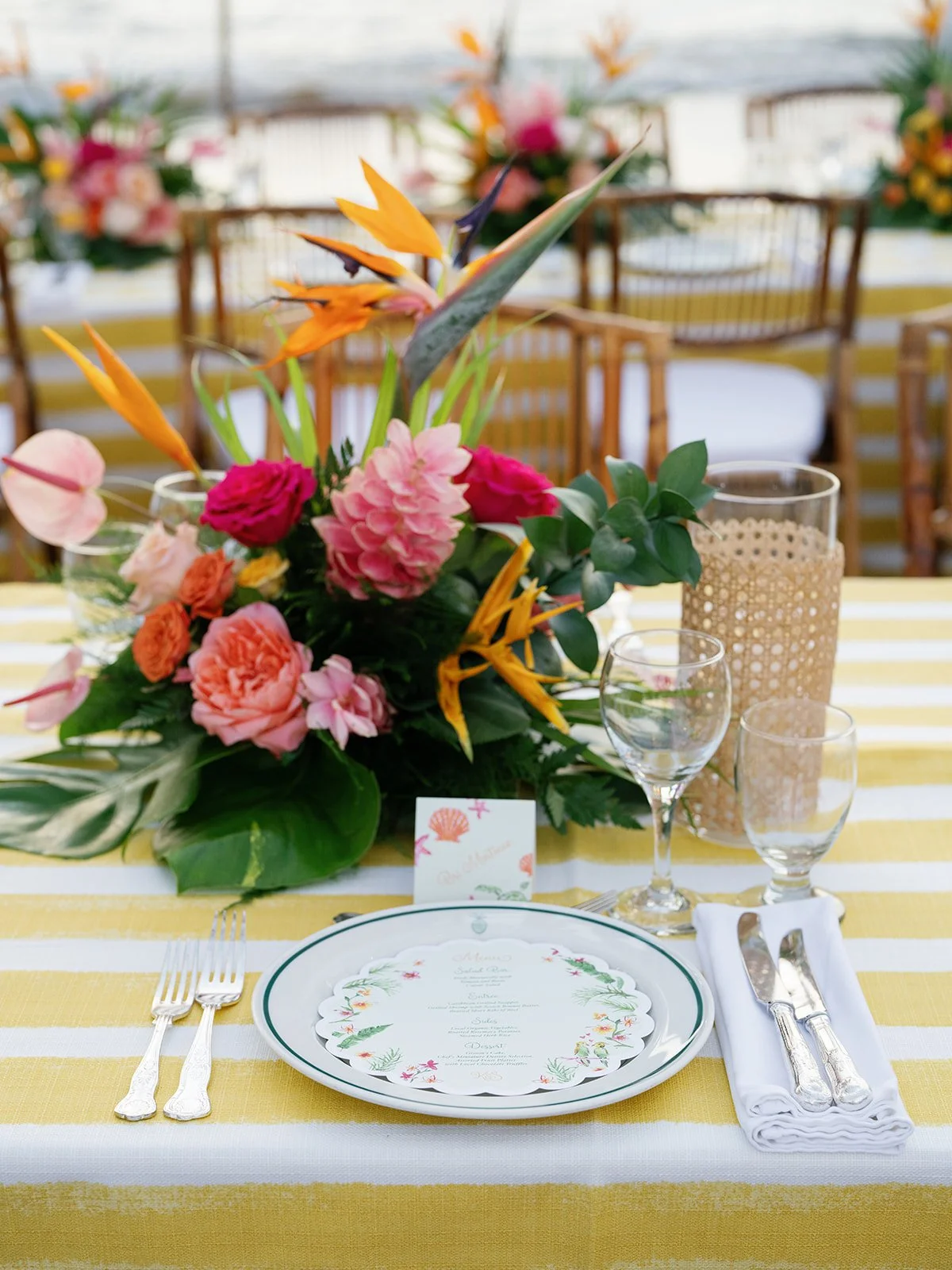 round hill resort rehearsal dinner tropical flowers