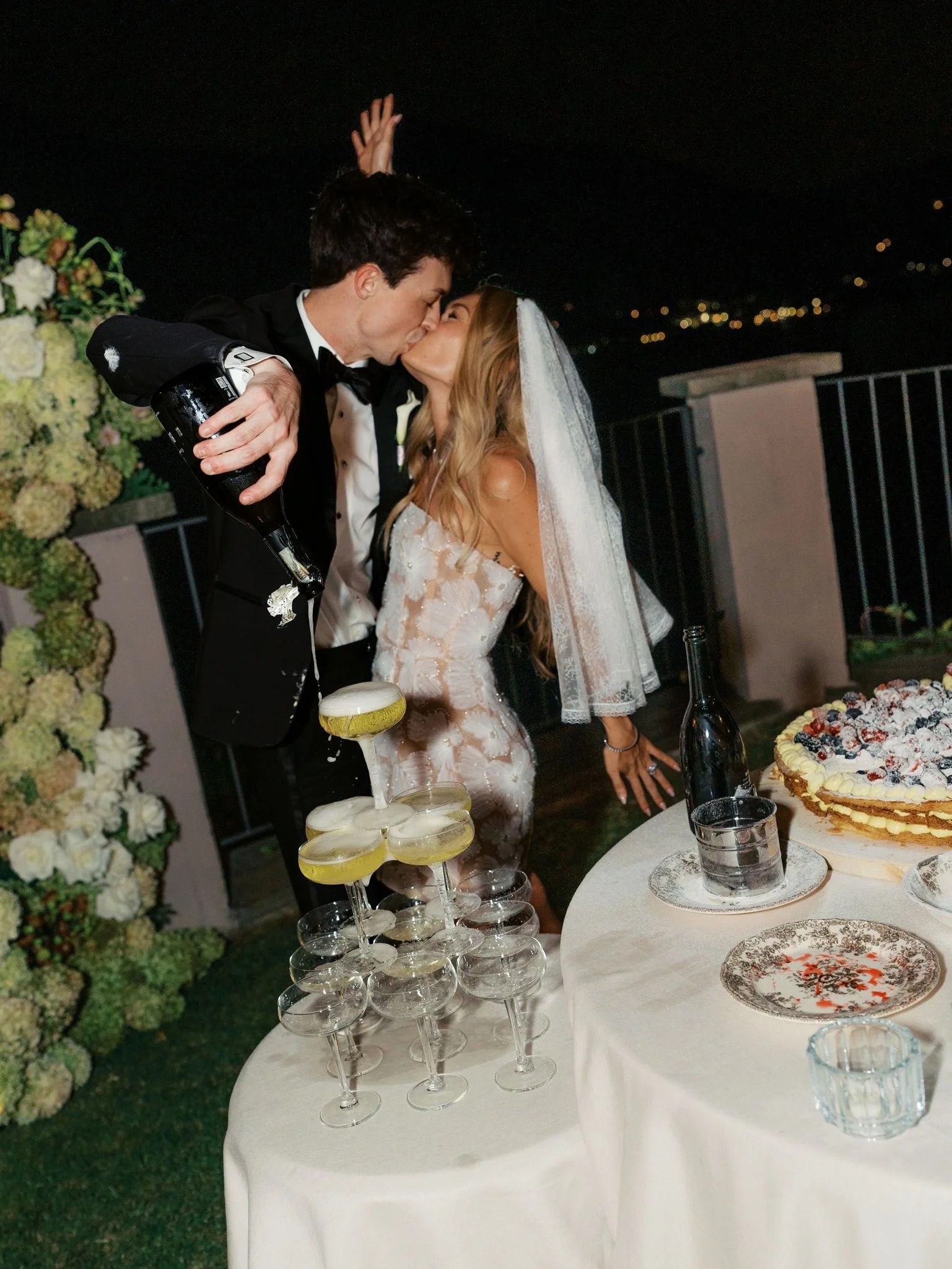 bride and groom italy wedding champagne tower