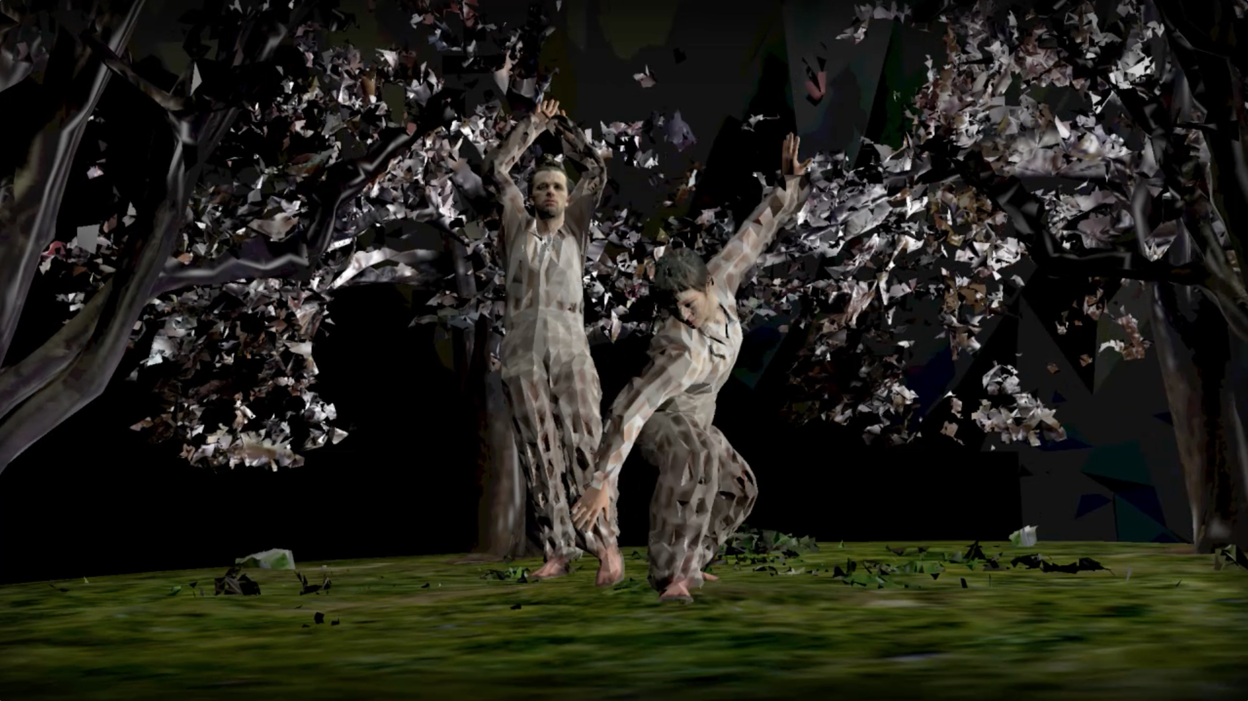  We also made 3D scans of the dancers bodies, which we rigged to marker-based motion capture to create a second version of the dancers, who appear on a floating planet populated by 3D scanned trees.&nbsp; 