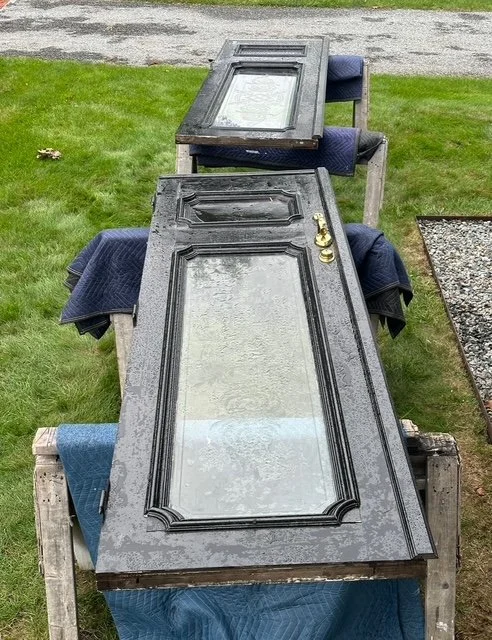 Before - The irreplaceable frosted, etched glass in this door slipped down.Bill painstakingly removed the moulding, chisled away 200 year old putty and gently returned the glass to its original position. No one else wanted to touch this job!