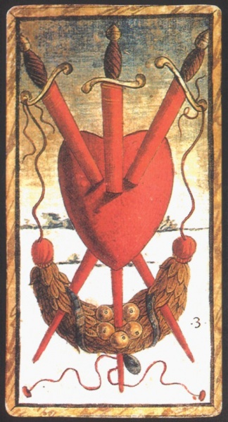 The Three of Swords for the 15th century Sola-Busca Tarot, the first 78-card deck to feature unique imagery on each card.