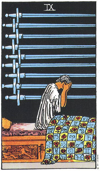 The Rider-Waite-Smith version of the Nine of Sw ords , suggesting nightmare, worry, and anguish.