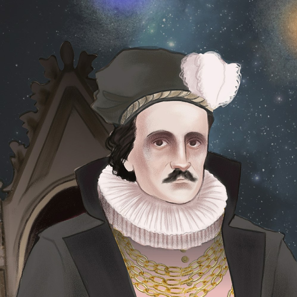 Detail of Edgar Allan Poe as the King of Swords for The American Renaissance Tarot