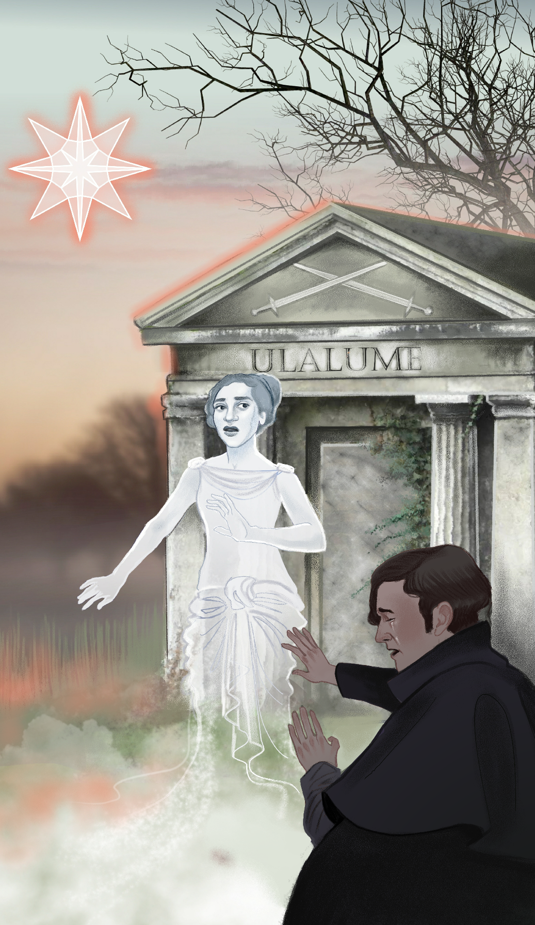 The Two of Swords for The American Renaissance Tarot , showing the “sinfully scintillant planet” Venus as the 8-pointed star of Astarte.