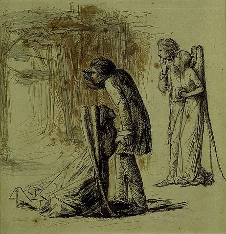 Illustration of “Ulalume” by Dante Gabriel Rossetti, in which Psyche attempts to stop the speaker from following Venus Lucifer to his agony!