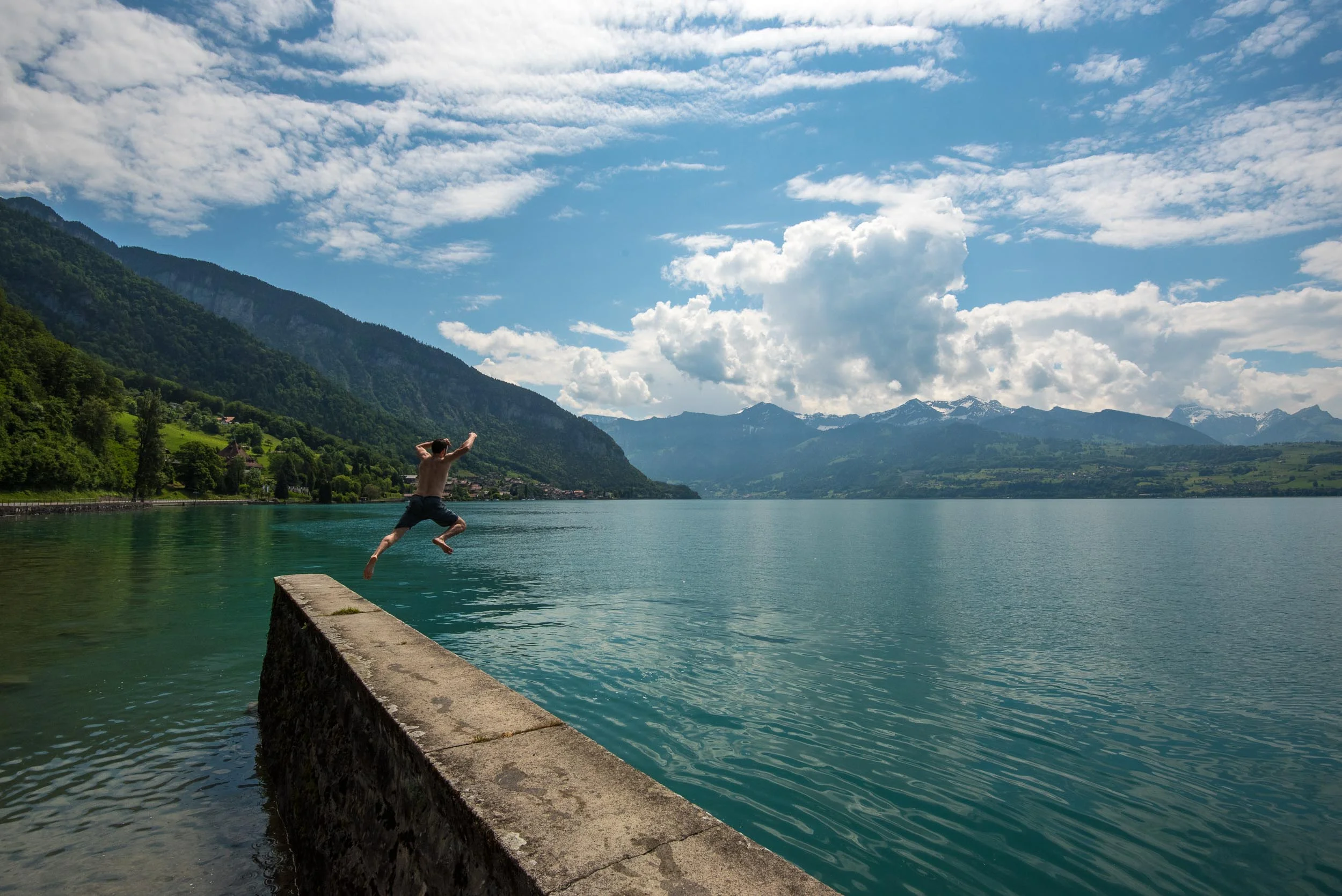 Nolan jumping in Lake Thun
