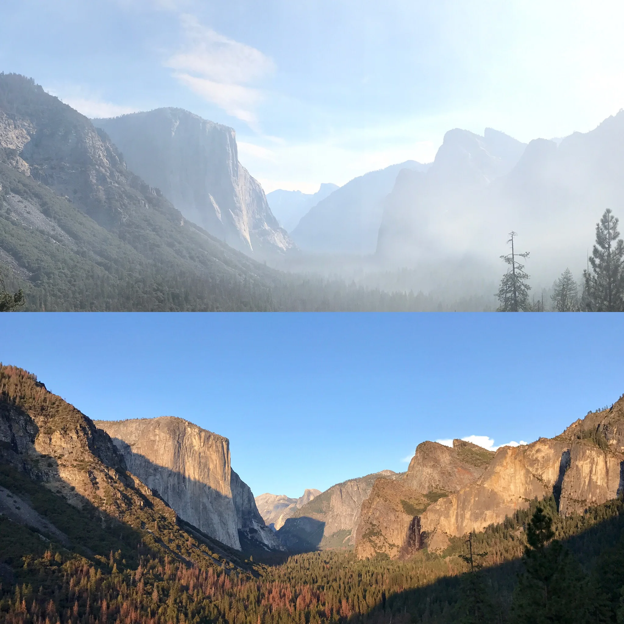 El Capitan and Half Dome at sunrise (blanketed in smoke) vs. clear afternoon