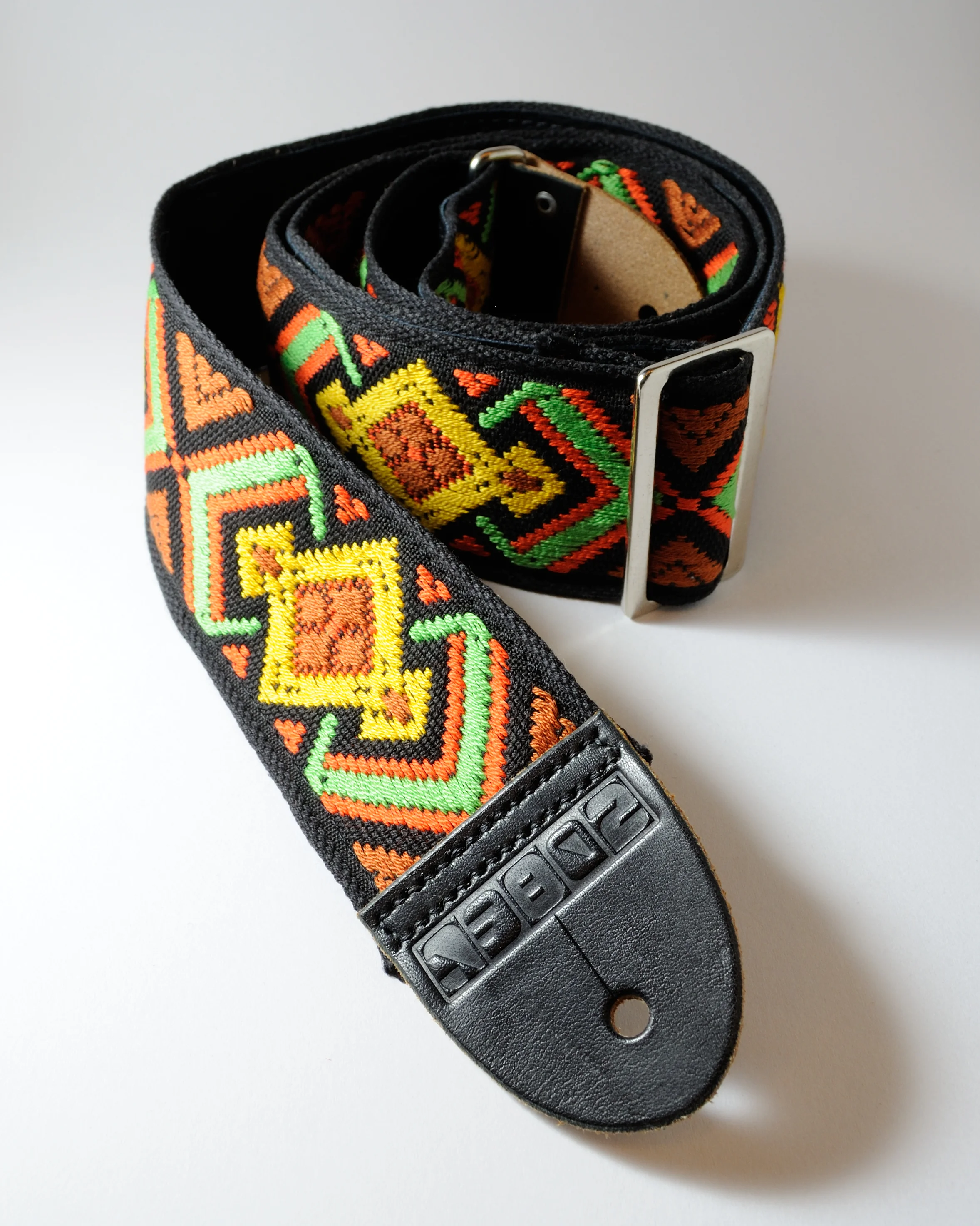 Green, Yellow & Brown Geometric Strap w/ Black Base & Black Leather Ends