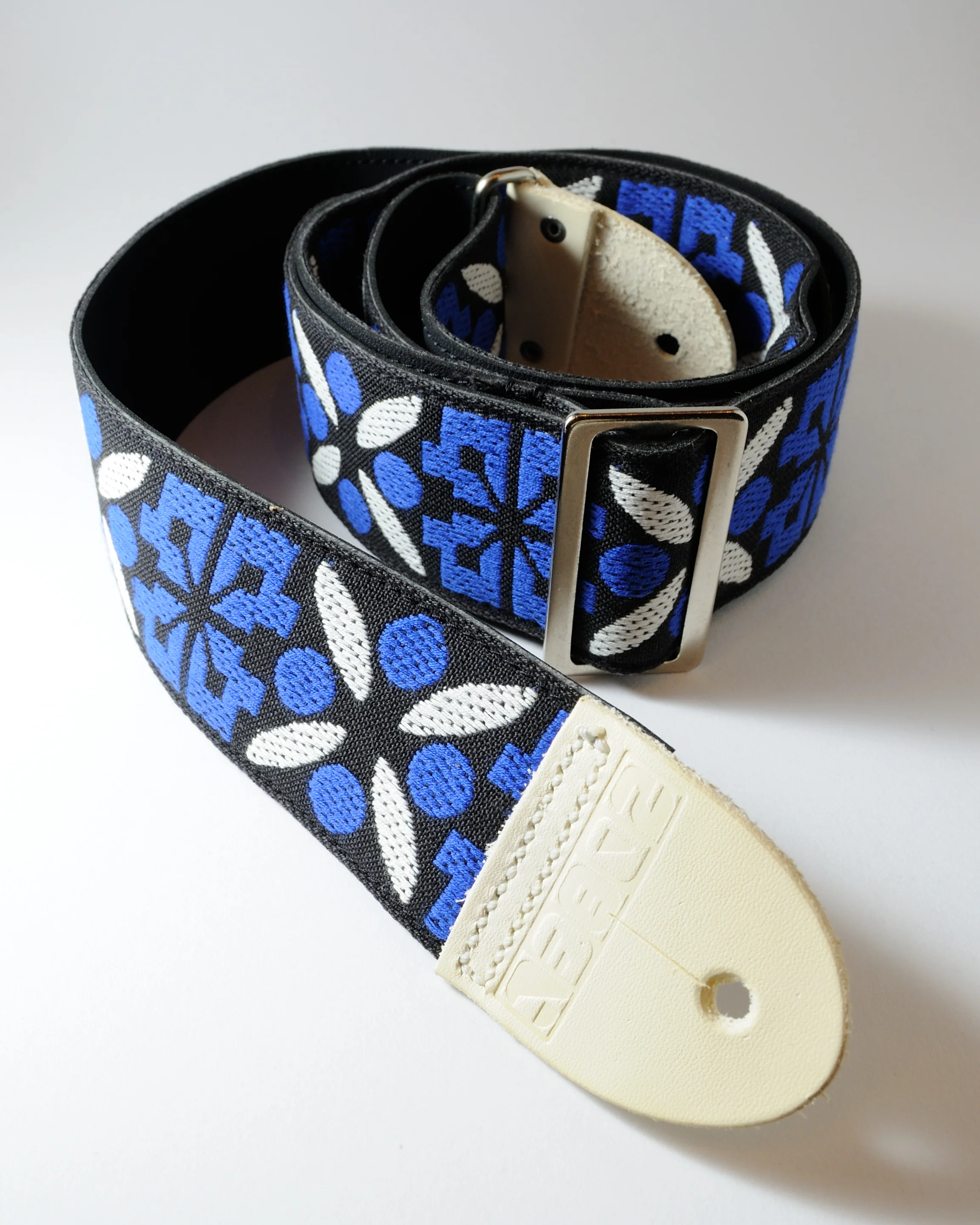 Blue, White & Black Flower Strap w/ White Leather Ends