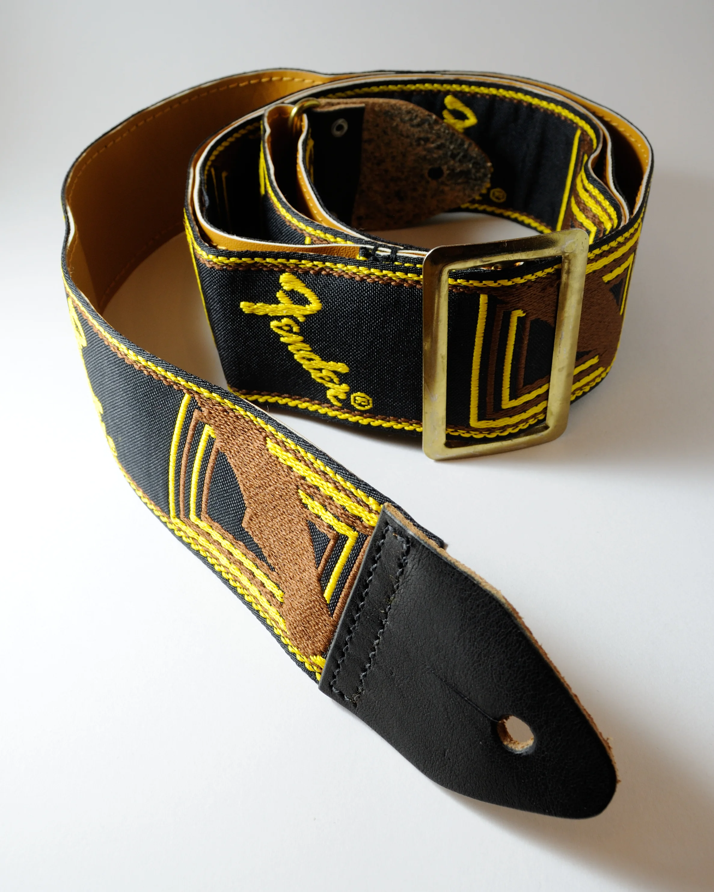 Black, Brown & Yellow FENDER Strap w/ Black Leather Ends
