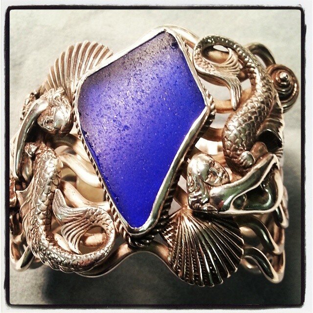 One of kind mermaid and cobalt blue beach glass sterling silver cuff bracelet 
Made by yours truly