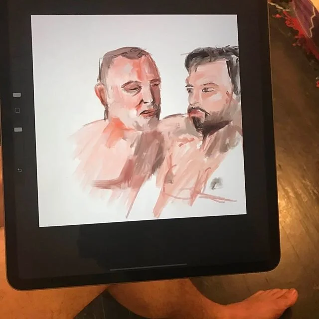 A lovely rendered drawing of a duo pose on a digital tablet. We welcome drawing on iPads and tablets - photos are not allowed. #mensnakeddrawing NYC Jan2020 &lt;&lt;At MND, artists take turns posing for the group so we get to draw 8 different male mo