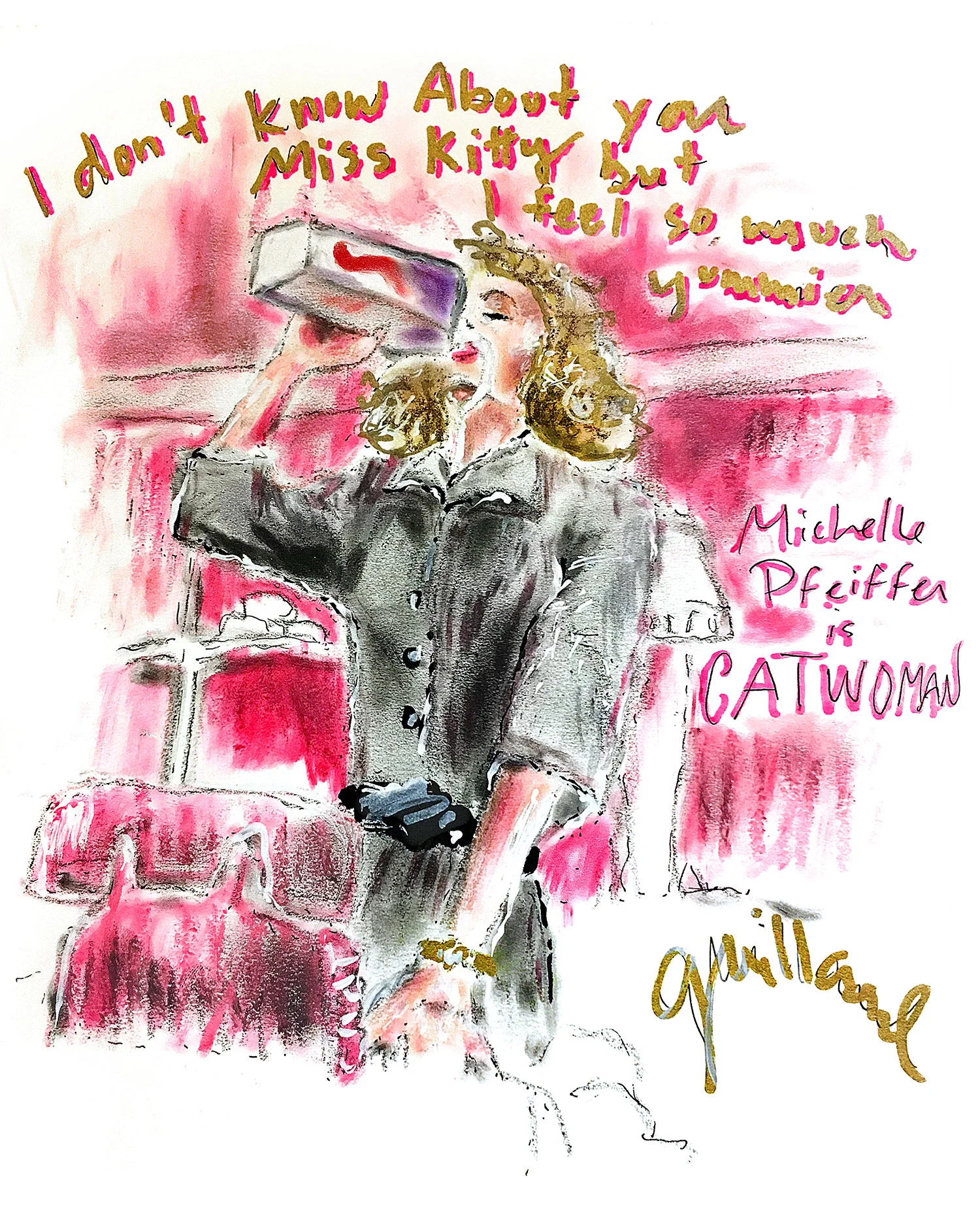 Miss Kitty, Michelle Pfeiffer as Catwoman, Batman Returns (1992) — Pastel, acrylic paint, ink and eye shadow on paper