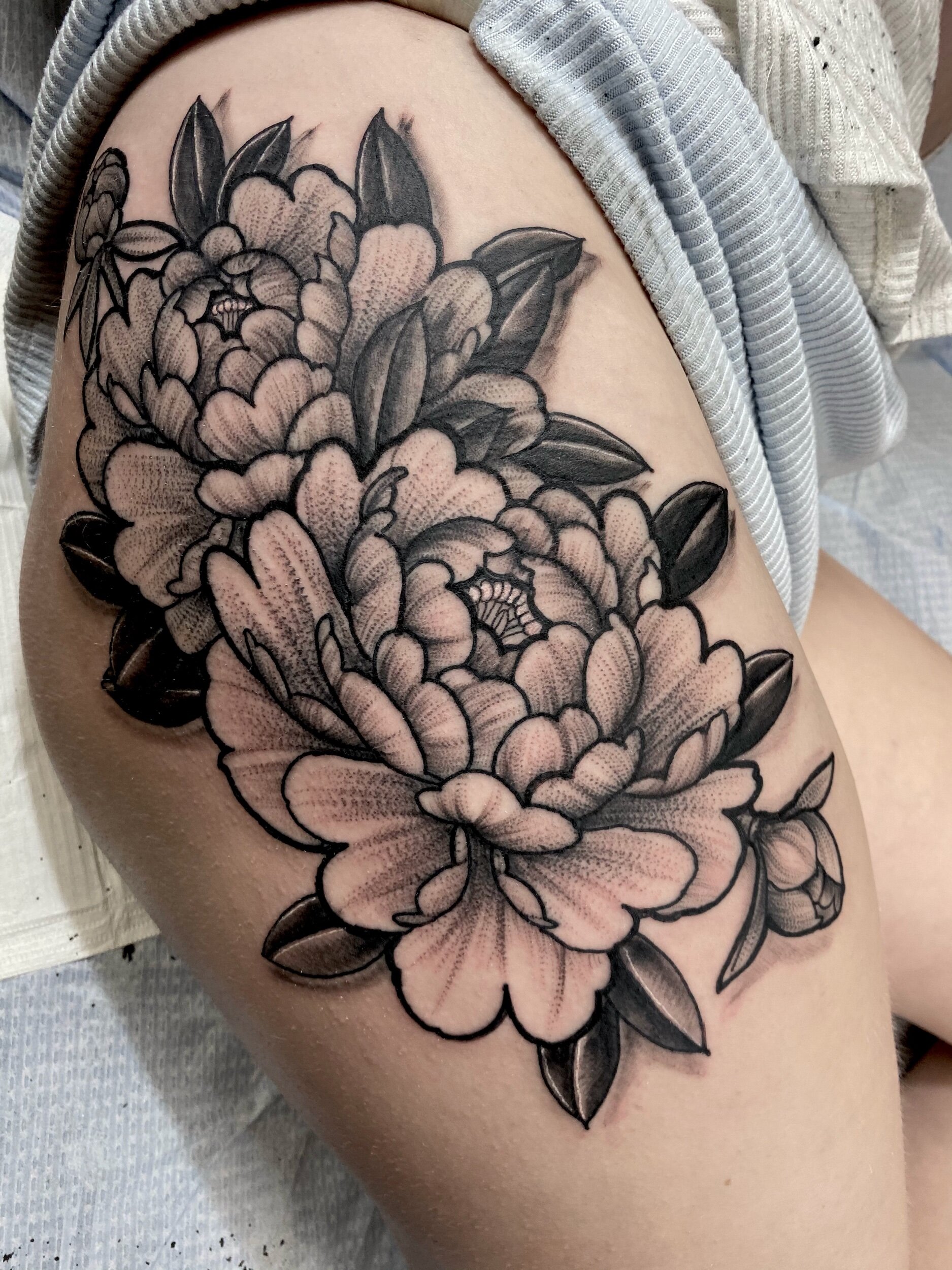 Black and Grey Peony Half Sleeve Tattoo by David Mushaney TattooNOW