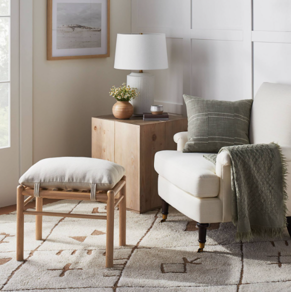 Featured: Wood Stump Accent Table, Mercer Rolled Arm Chair , Wooden Bench Natural , Lamp, Throw, Pillow,Vase, Candle