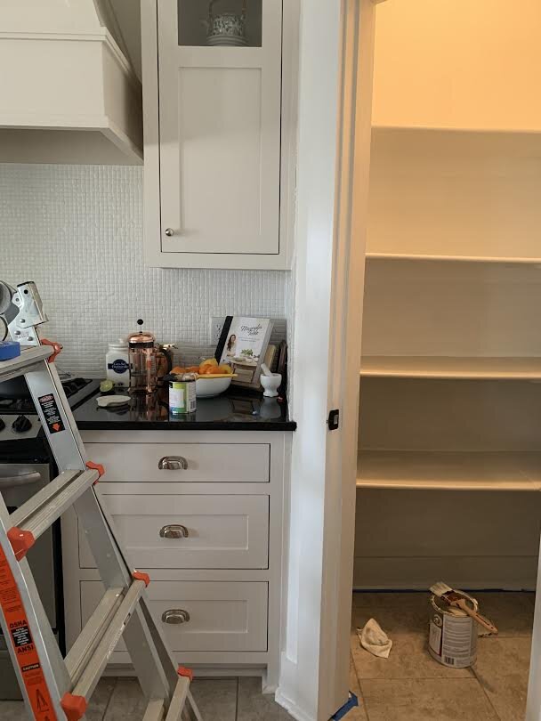 Pictured Here: Benjamin Moore Simply White on Top and Benjamin Moore Revere Pewter (Gray Puddy Color) on bottom.