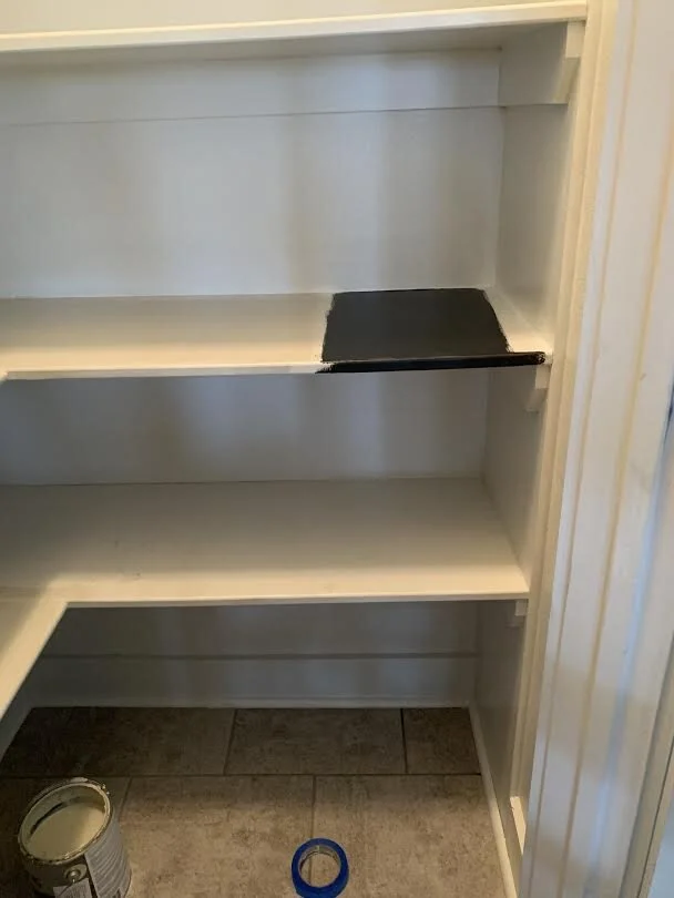 Pictured Here: Benjamin Moore Black Beauty. At this point the black felt so drastic and it was hard for me to visualize, so I knew I needed to add more >>