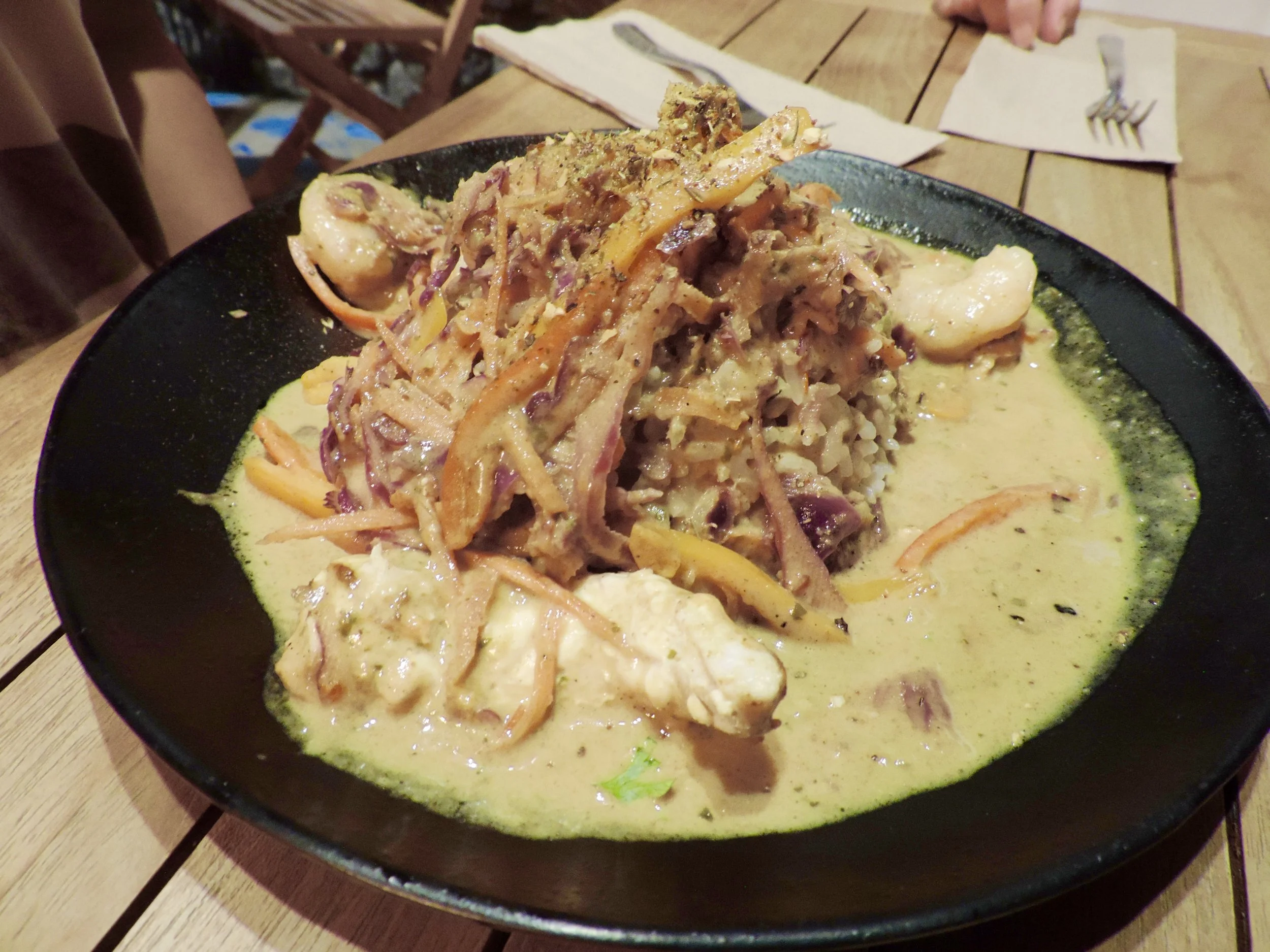 Coconut curry ono and shrimp. Quite spicy and tasted “excellent”