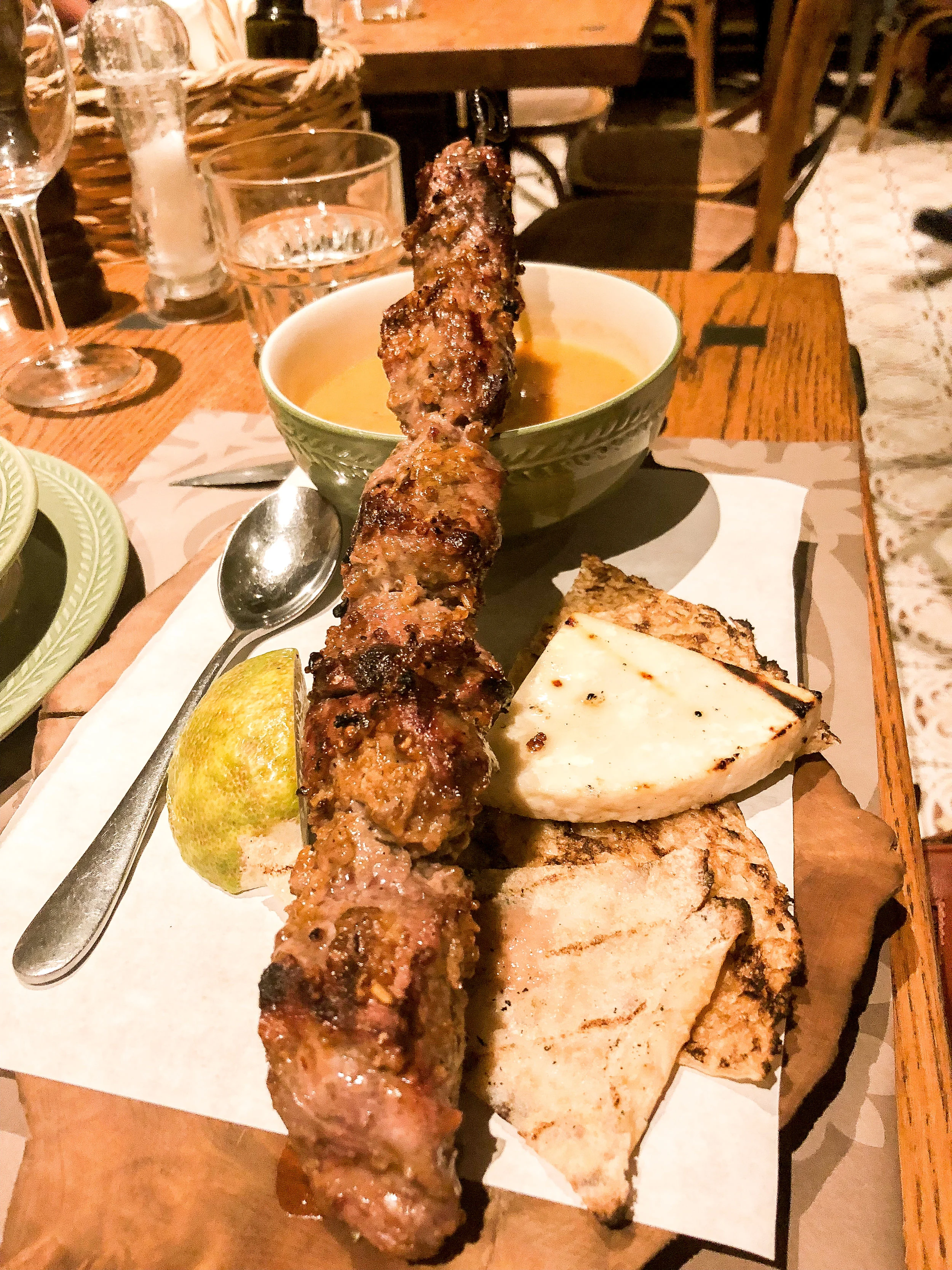 My dinner of lamb on a skewer with rustic pita and a blended vegetable soup. I was dipping the meat in the soup like Michael Scott dips meat in wine!