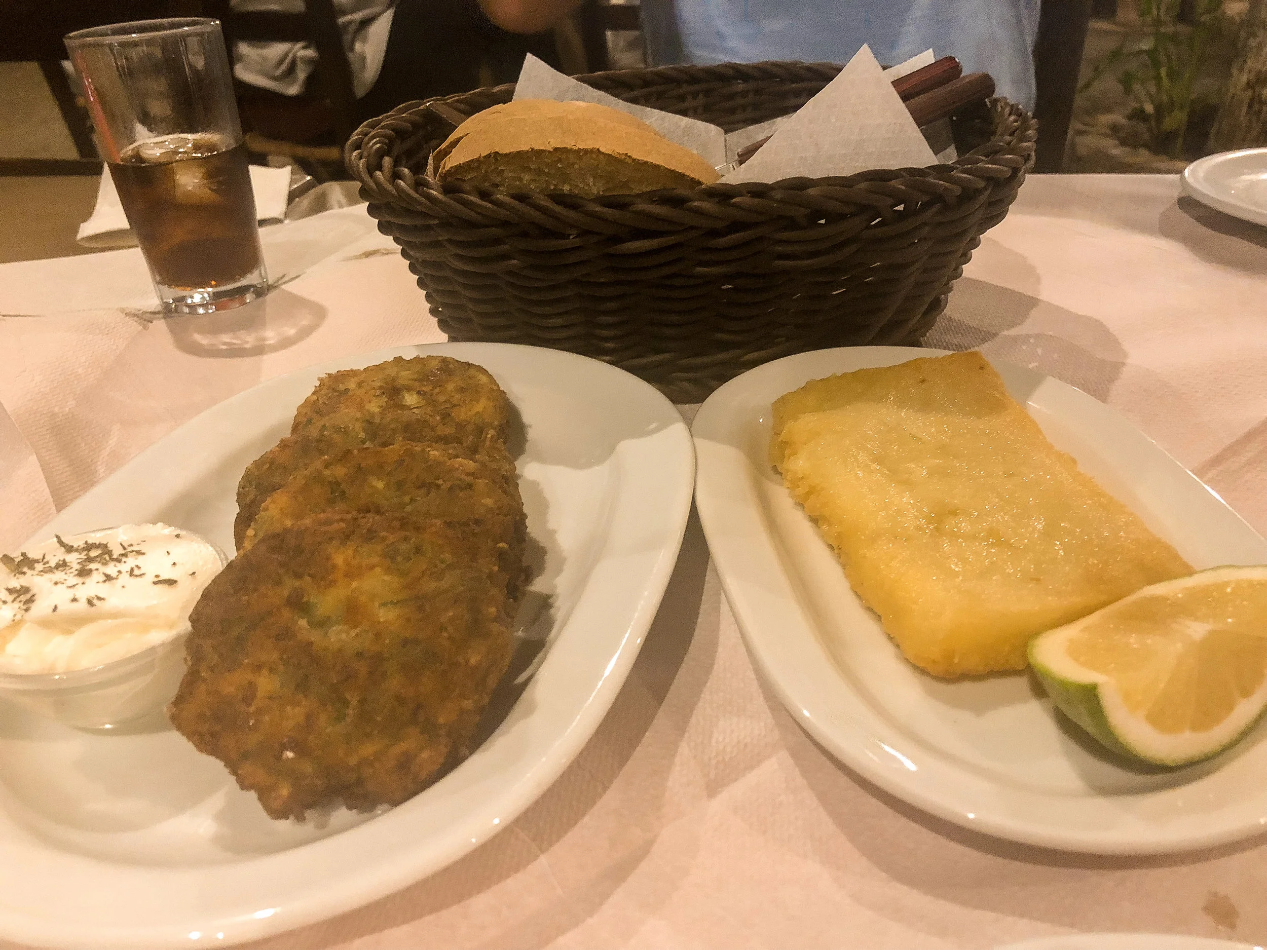 Delicious zucchini fritters and saganaki at Platanos