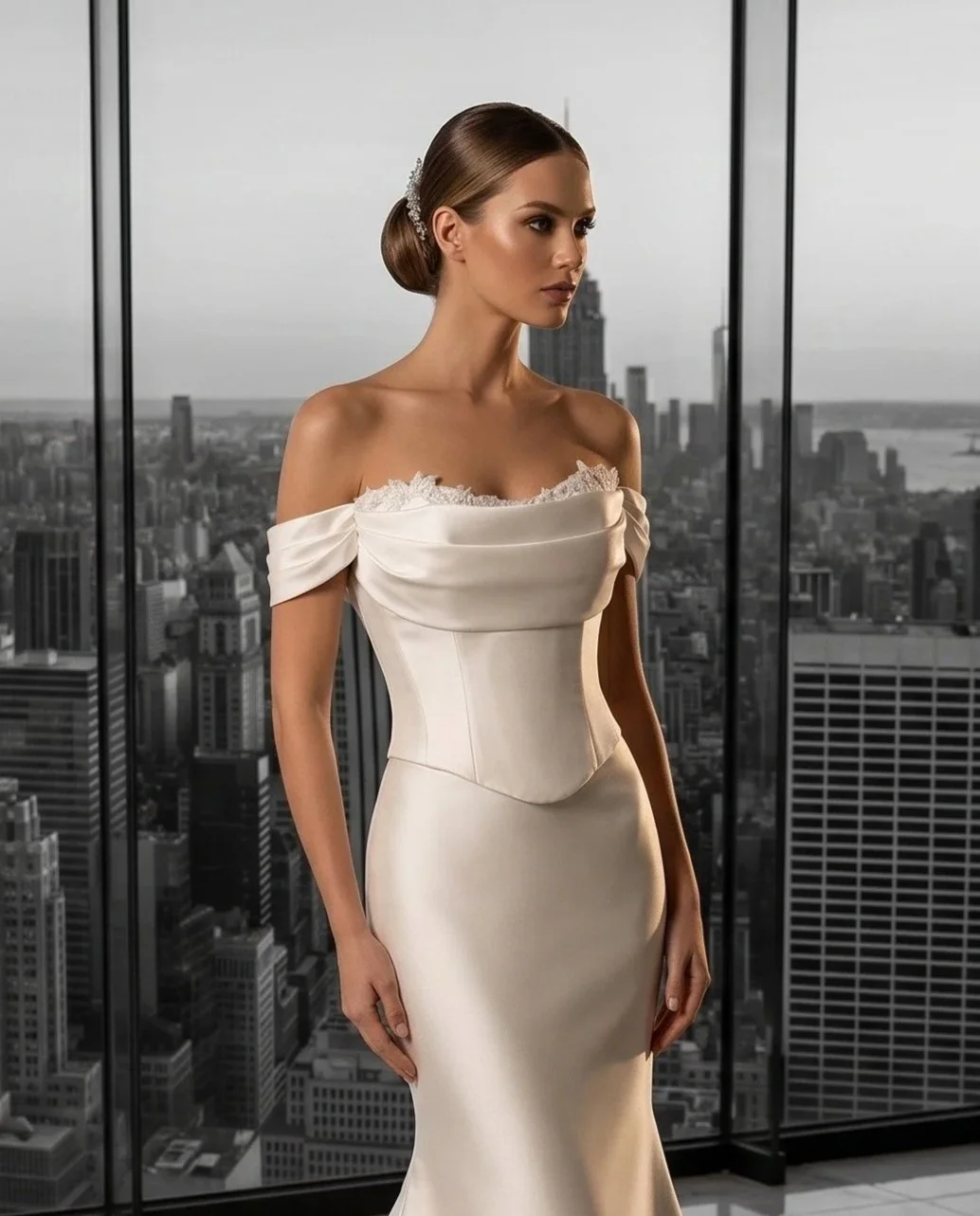 bride standiing in window with city scape background. Off shoulder arm drape and fit and flair bridal skirt