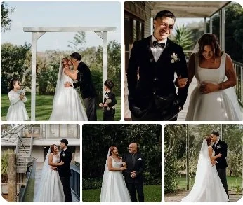 A collage of five wedding photos showing a bride and groom in various poses outdoors, including kissing, walking together, and talking, with a wedding party and scenic outdoor backgrounds.