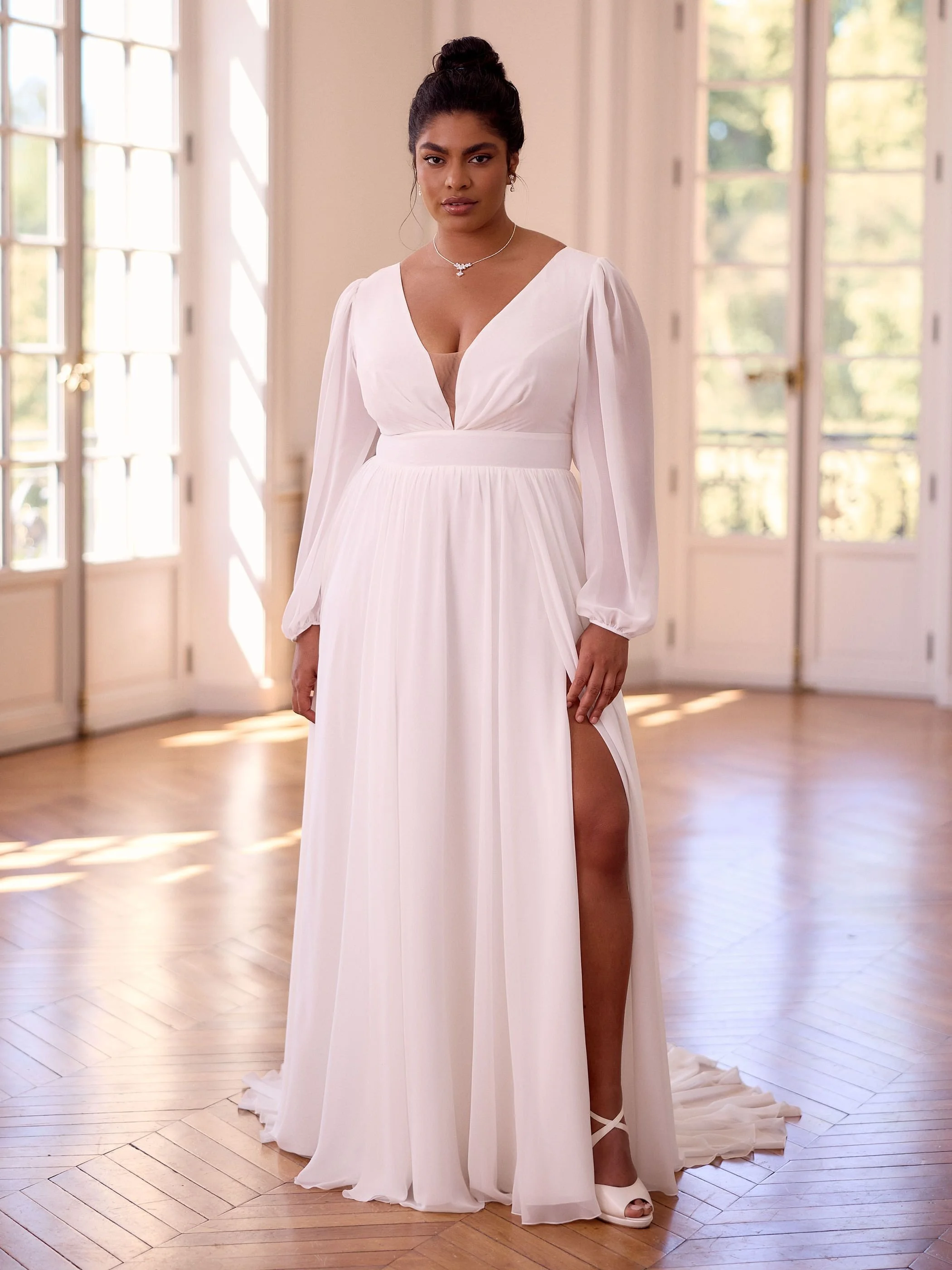 juliana-_ plus.jpgChiffon bridal gown with bishop sleeve and zip back