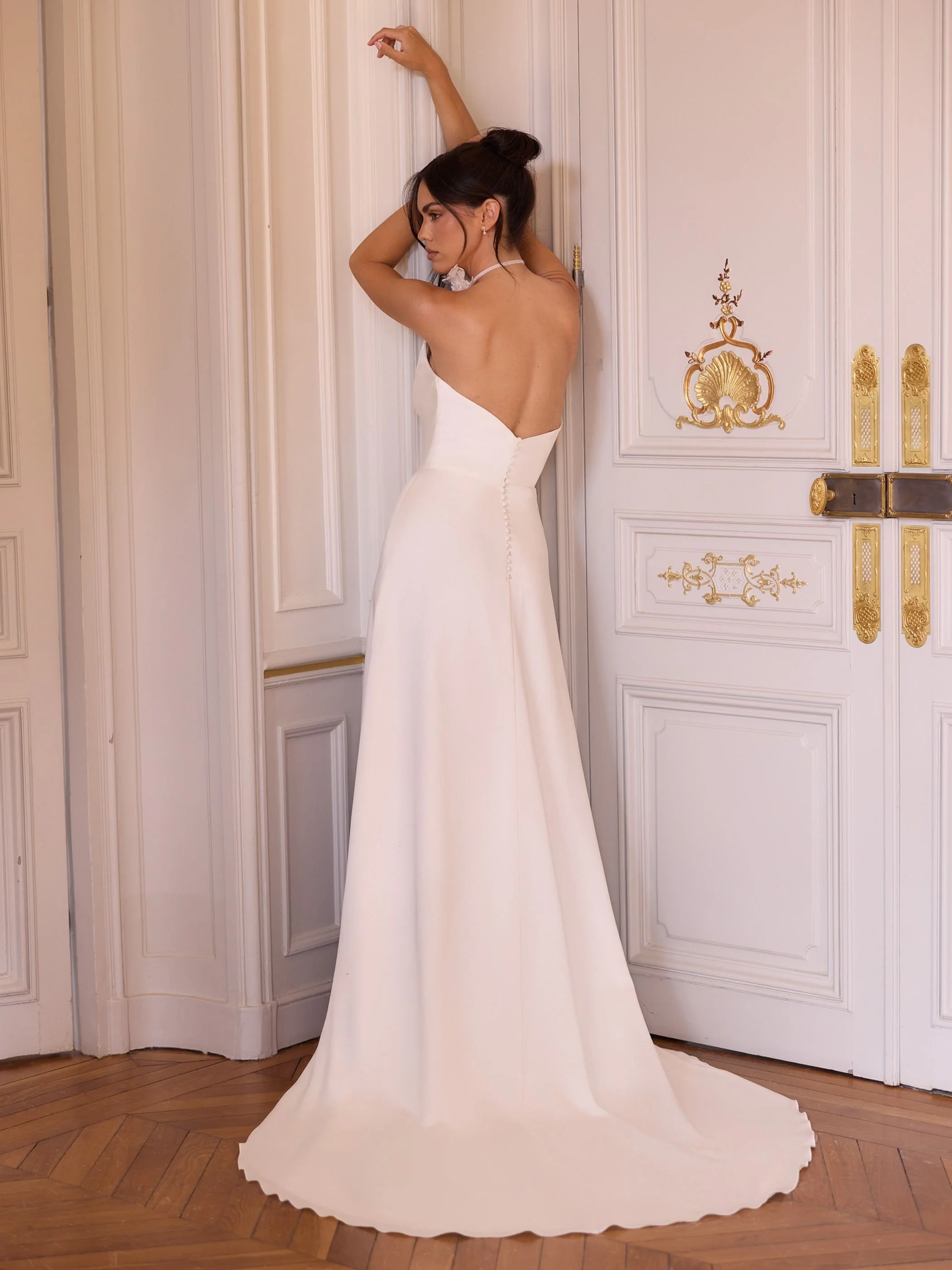 Draped waist Satin crepe bridal gown with split