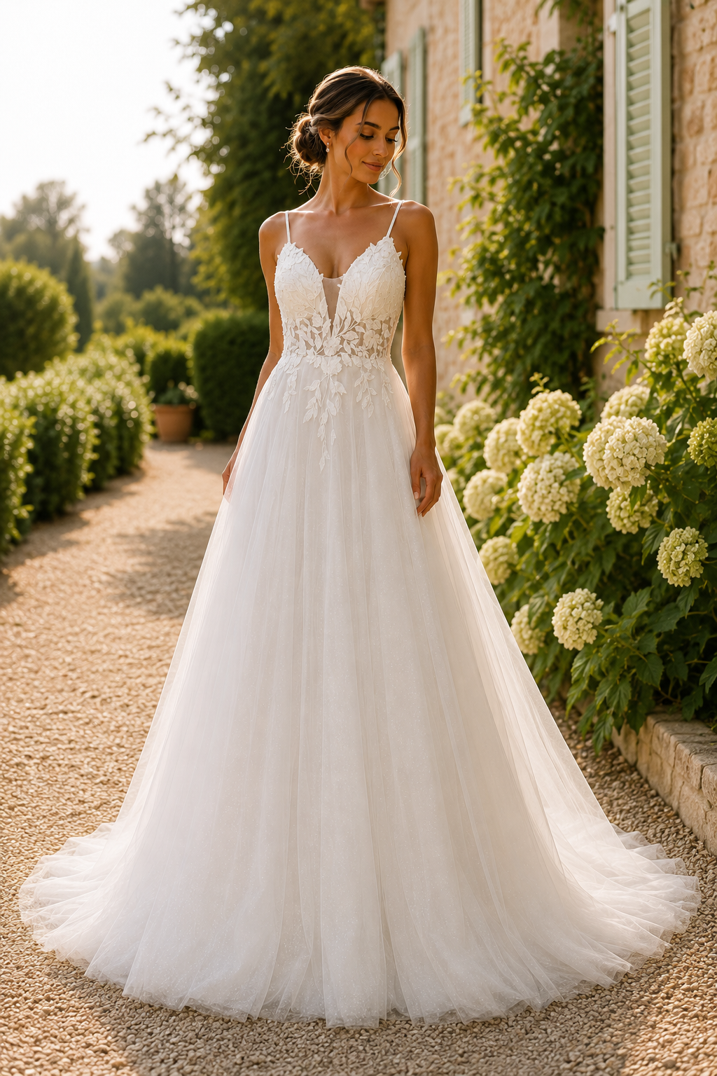 Soft flowing bridal gown with sparkle tulle and plunge neckline