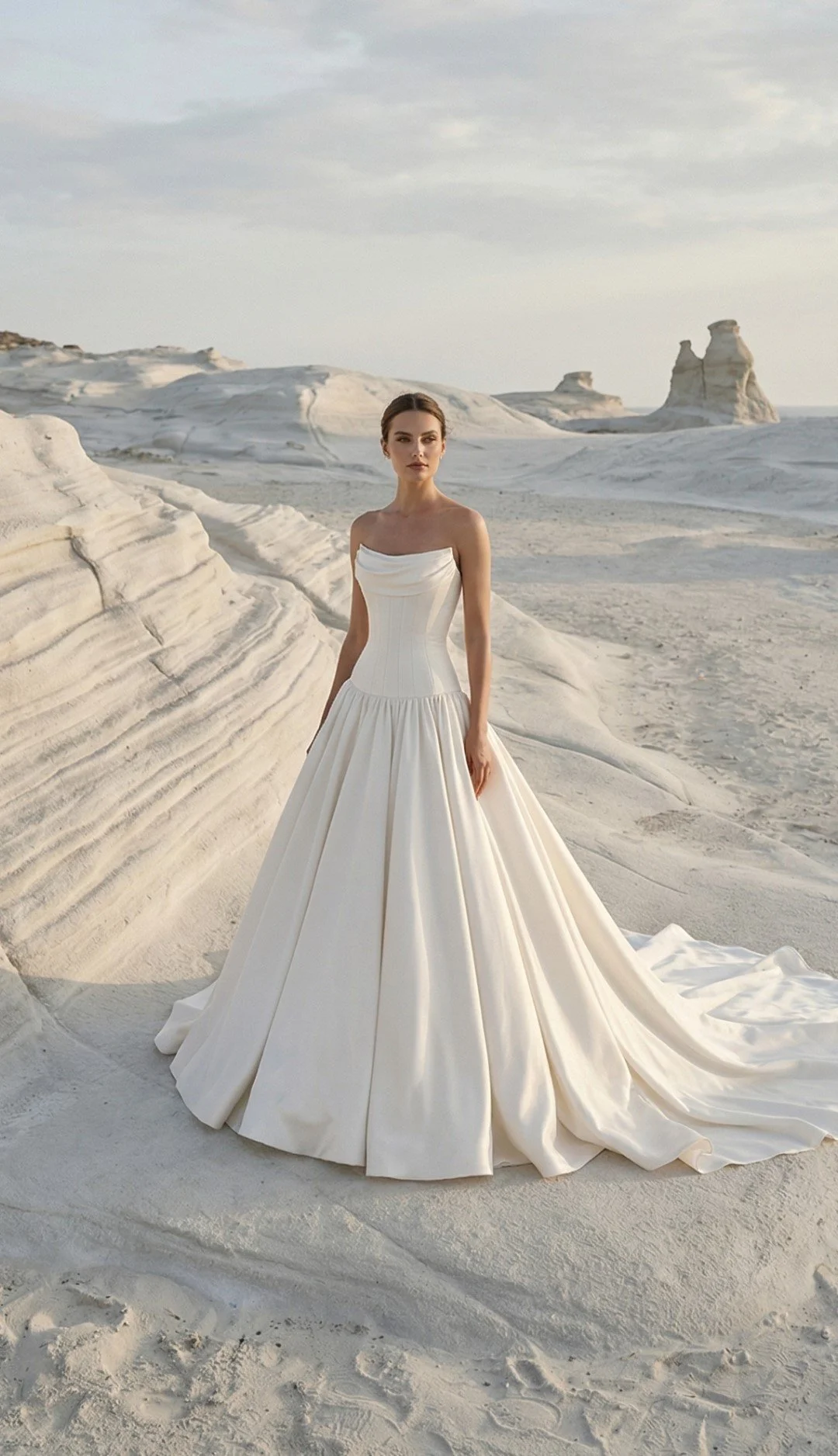 Striking lux bridal gown in modern mikado with longline bodice. shot in a minimalsist barron setting