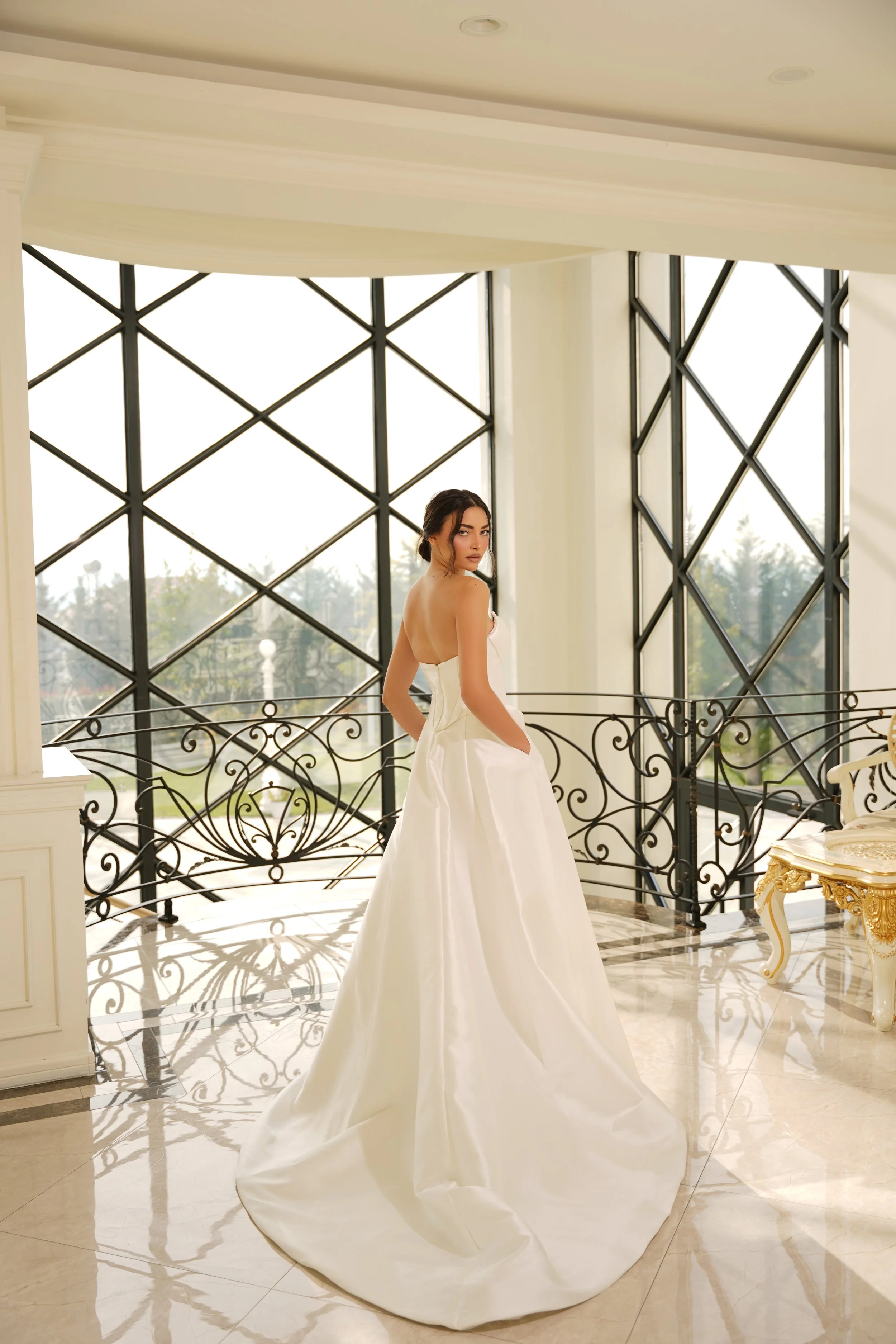 Mikado bridal gown closeup of back with boning detail and twist feature