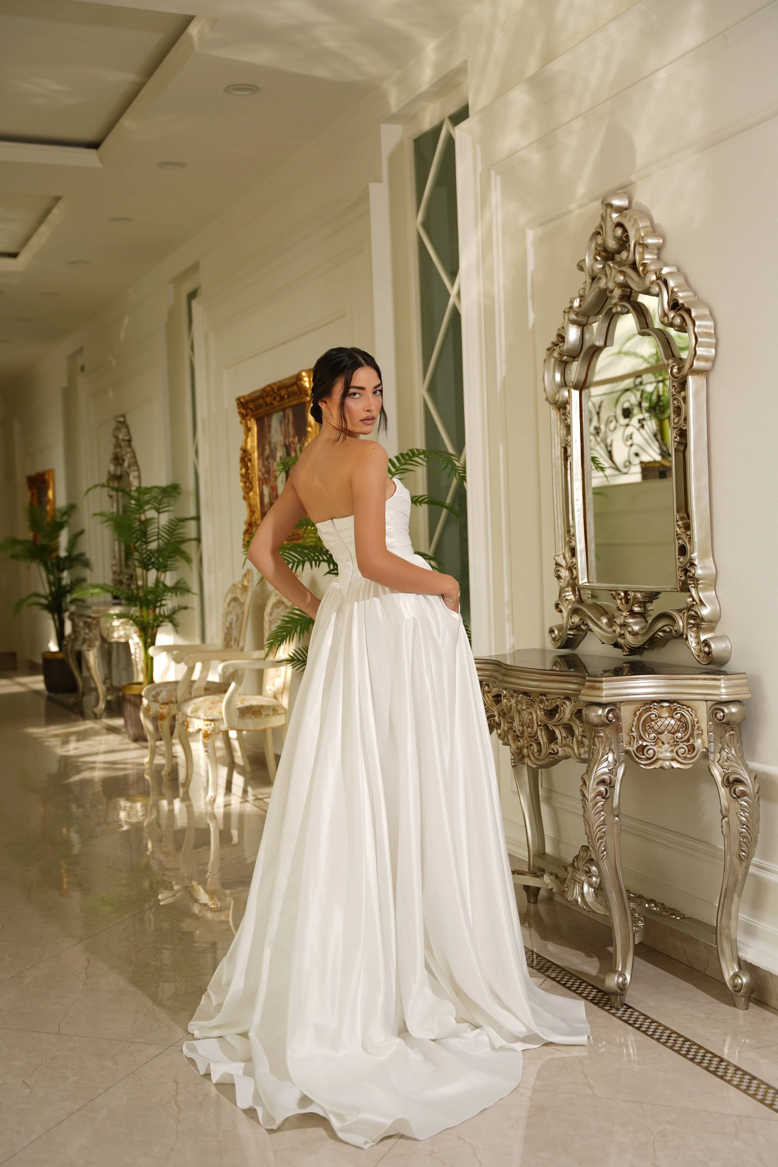 Ruched bust, v front bridal gown made from sumptuous bridal satin