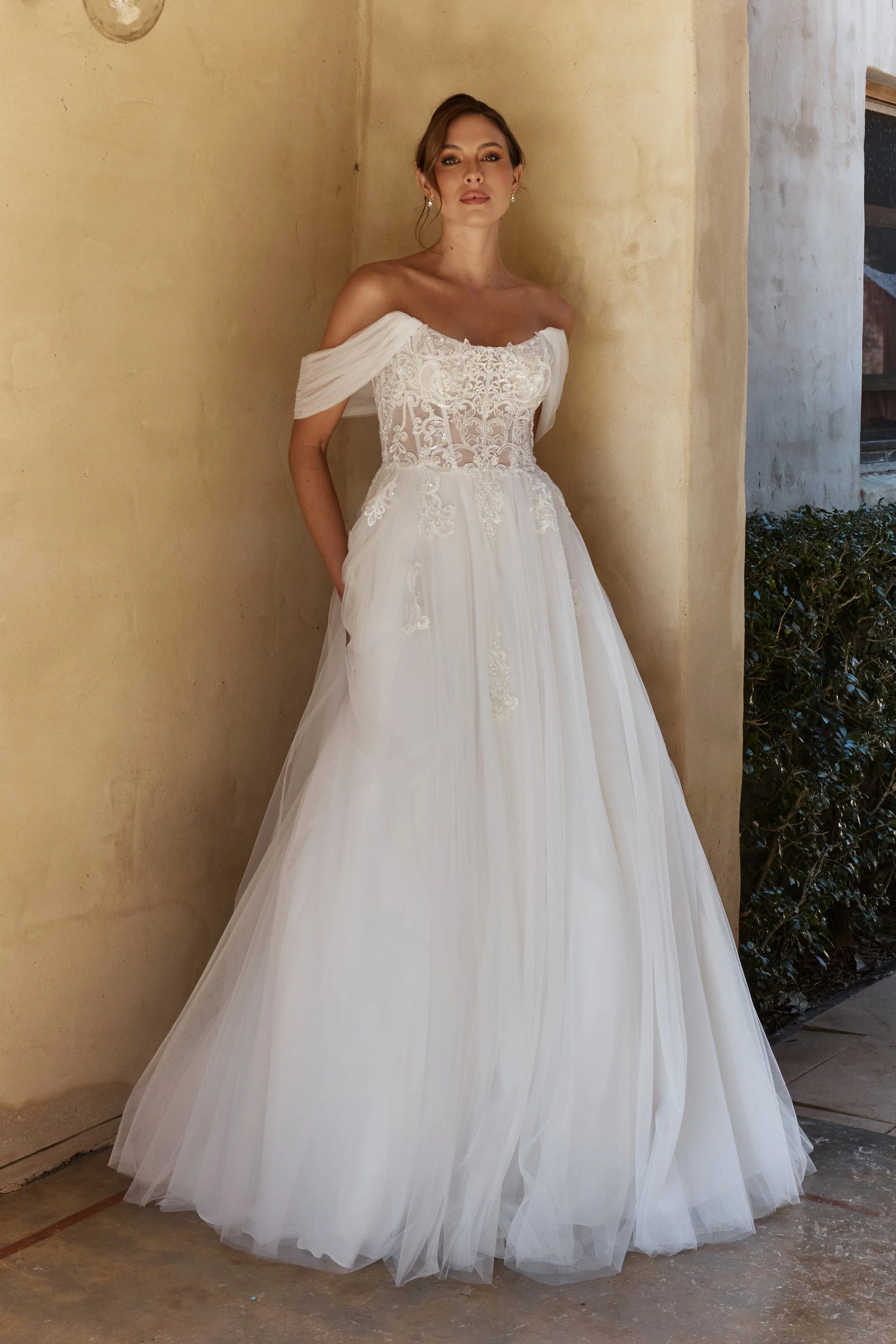 Starflower romantic A-line wedding dress with scooped lace bodice, gathered off-the-shoulder straps and illusion cathedral train