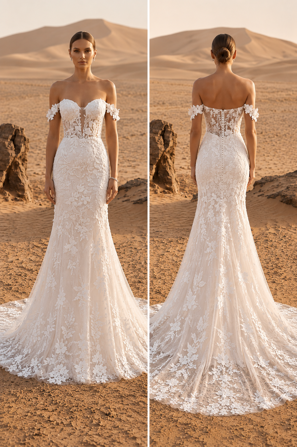 Image of bride in the desert wearing a stunning lace gown with off the shoulder detail.