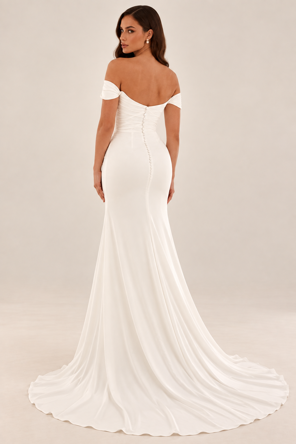 Tavelle bridal gown back view showing off-the-shoulder neckline, softly draped bodice and fitted silhouette