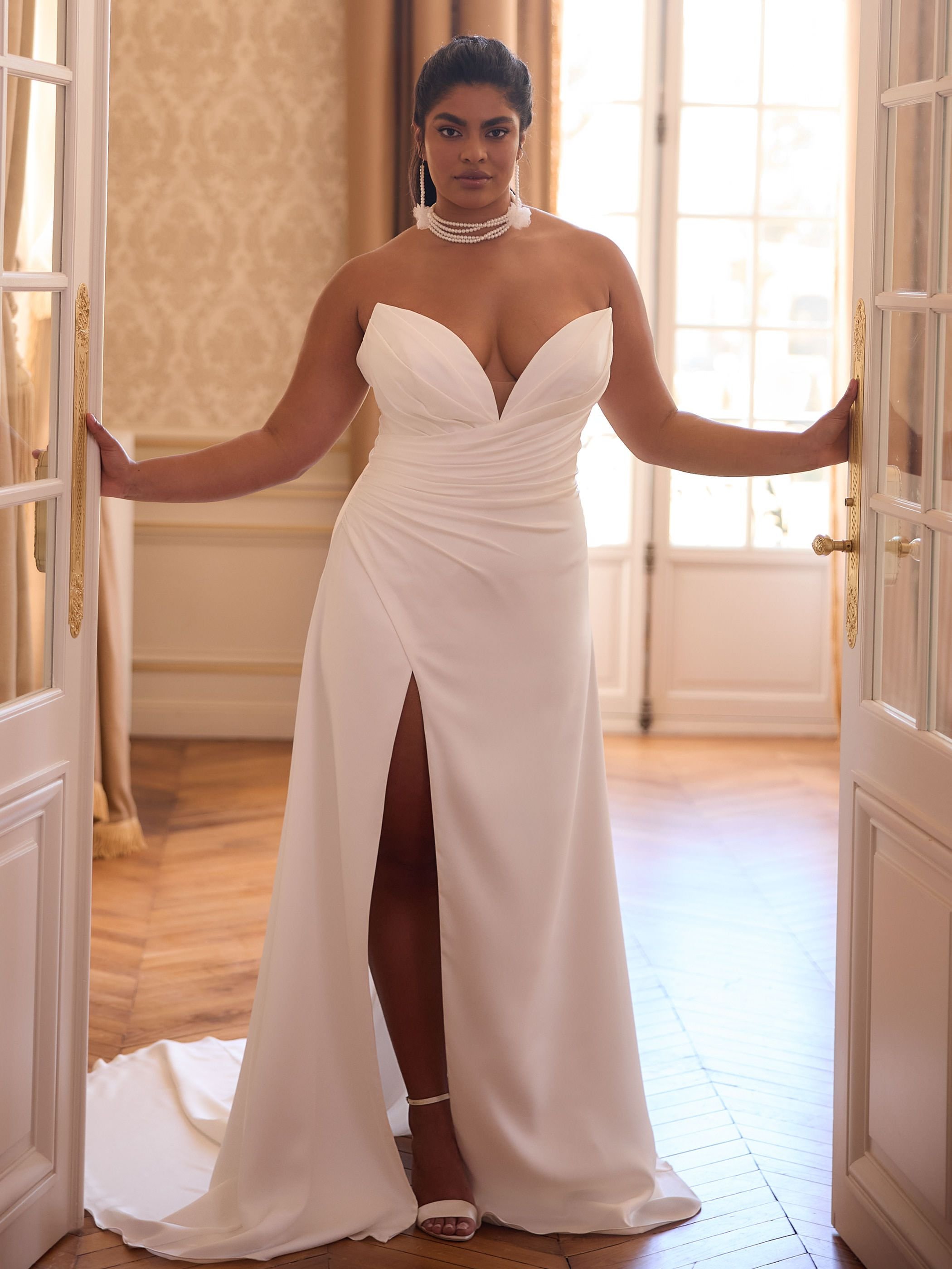 Draped waist Satin crepe bridal gown with split