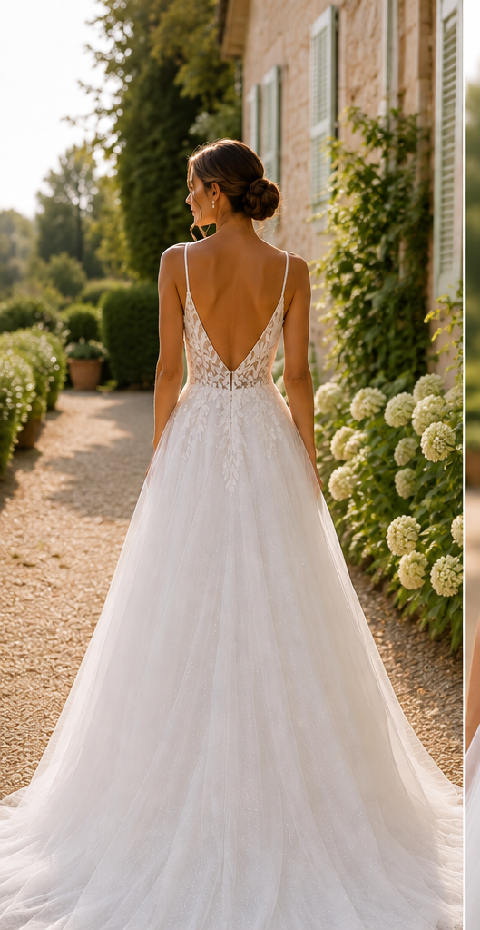 Soft flowing bridal gown with sparkle tulle and plunge neckline