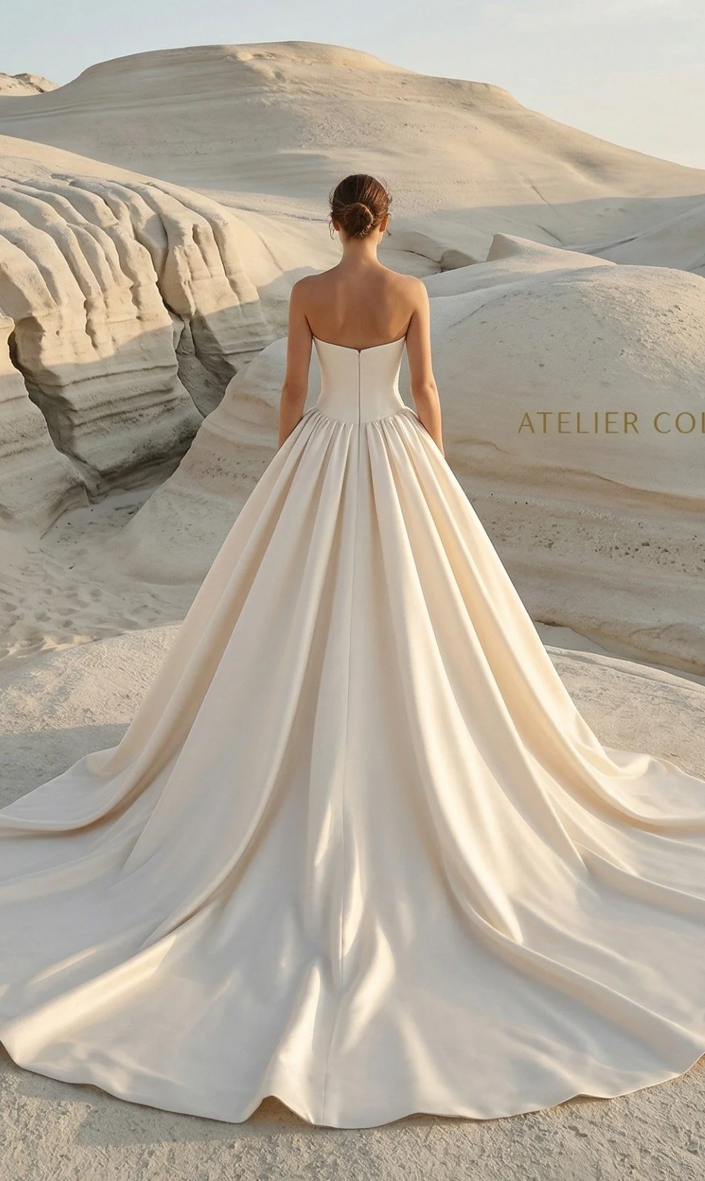 Striking lux bridal gown in modern mikado with longline bodice. shot in a minimalist baron setting