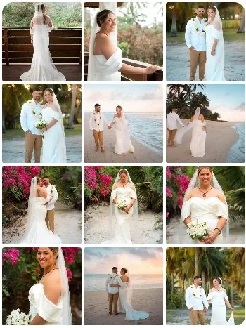 Collage of a wedding photo shoot featuring a bride in a white wedding dress and a groom in a white shirt and beige pants, captured at different outdoor locations like a beach, garden, and tropical setting.