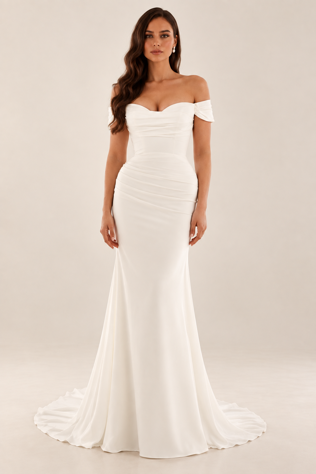 Tavelle bridal gown with off-the-shoulder neckline, softly draped bodice and fitted silhouette