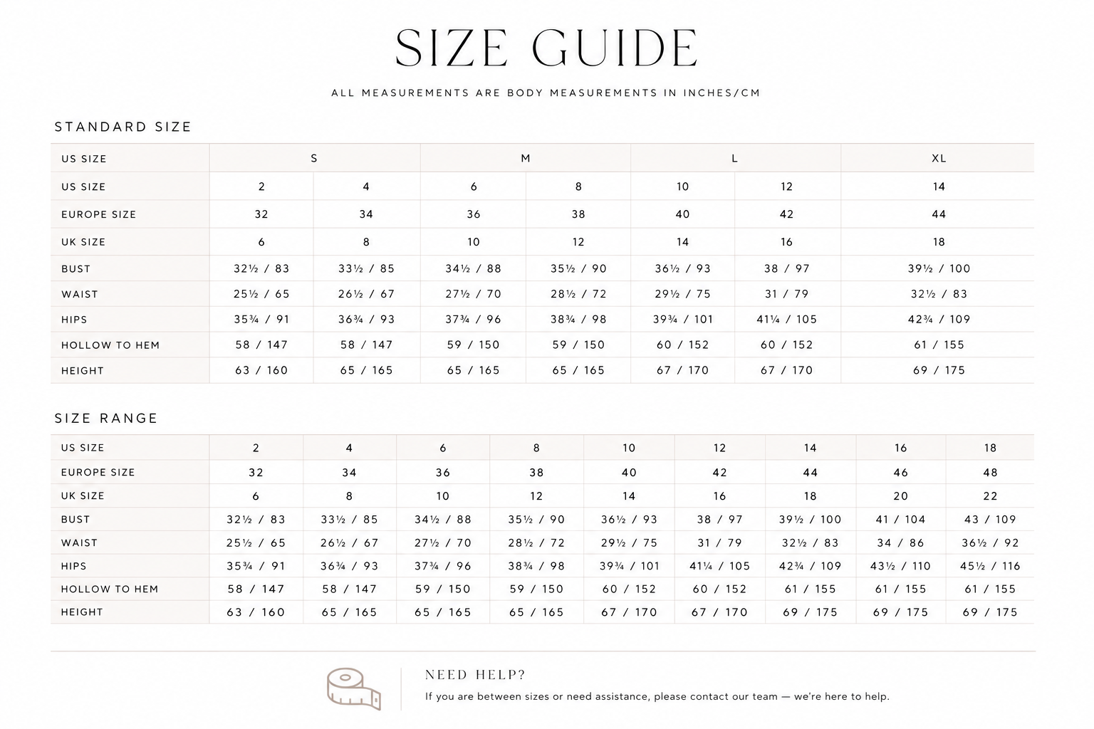 Atelier collective bridal size chart